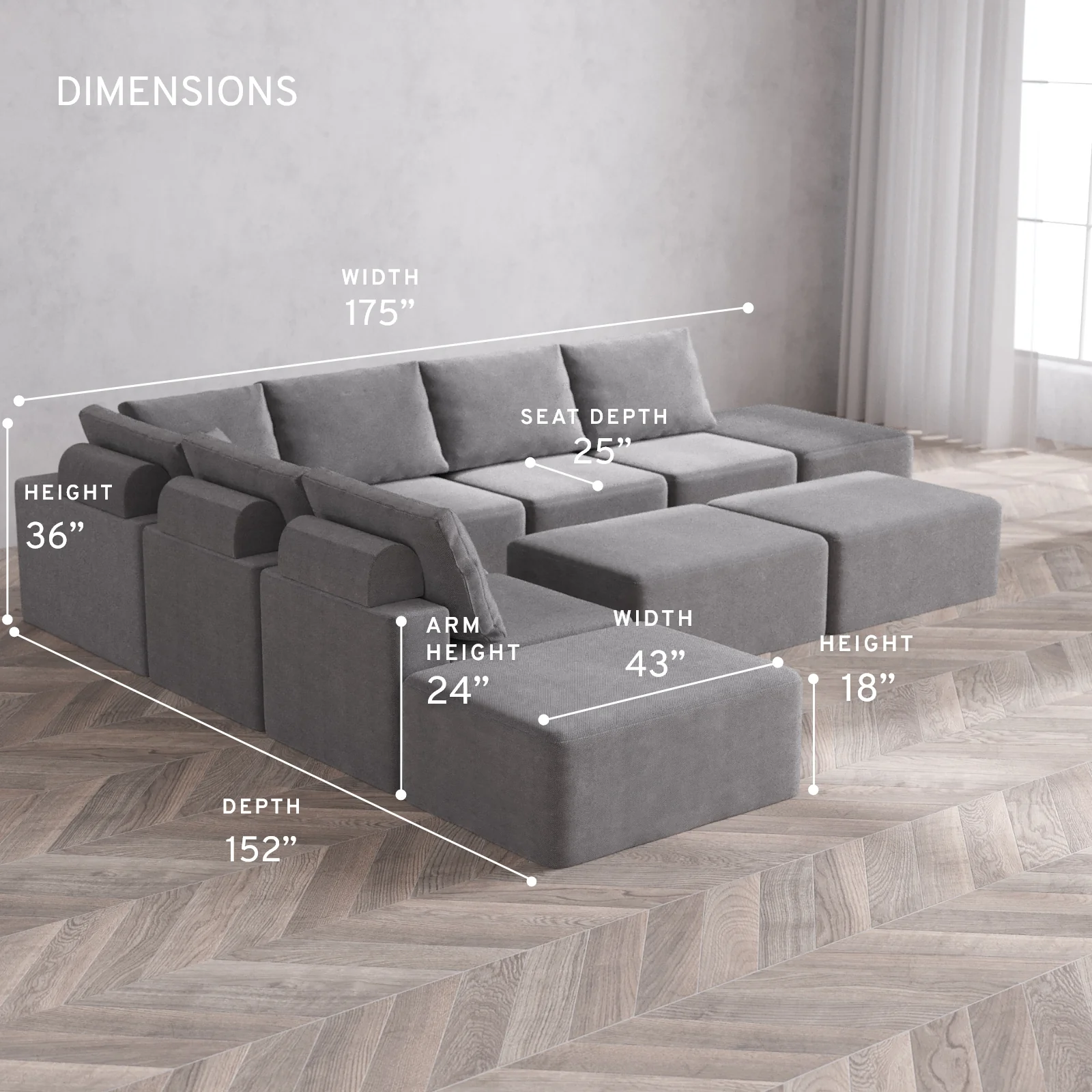 Modular Washable 8-Seater Open-Ends Corner Sectional + Chaise Ottoman Bench Cloud + Bolster Sofa | Lux Weave in Slate - Image 5