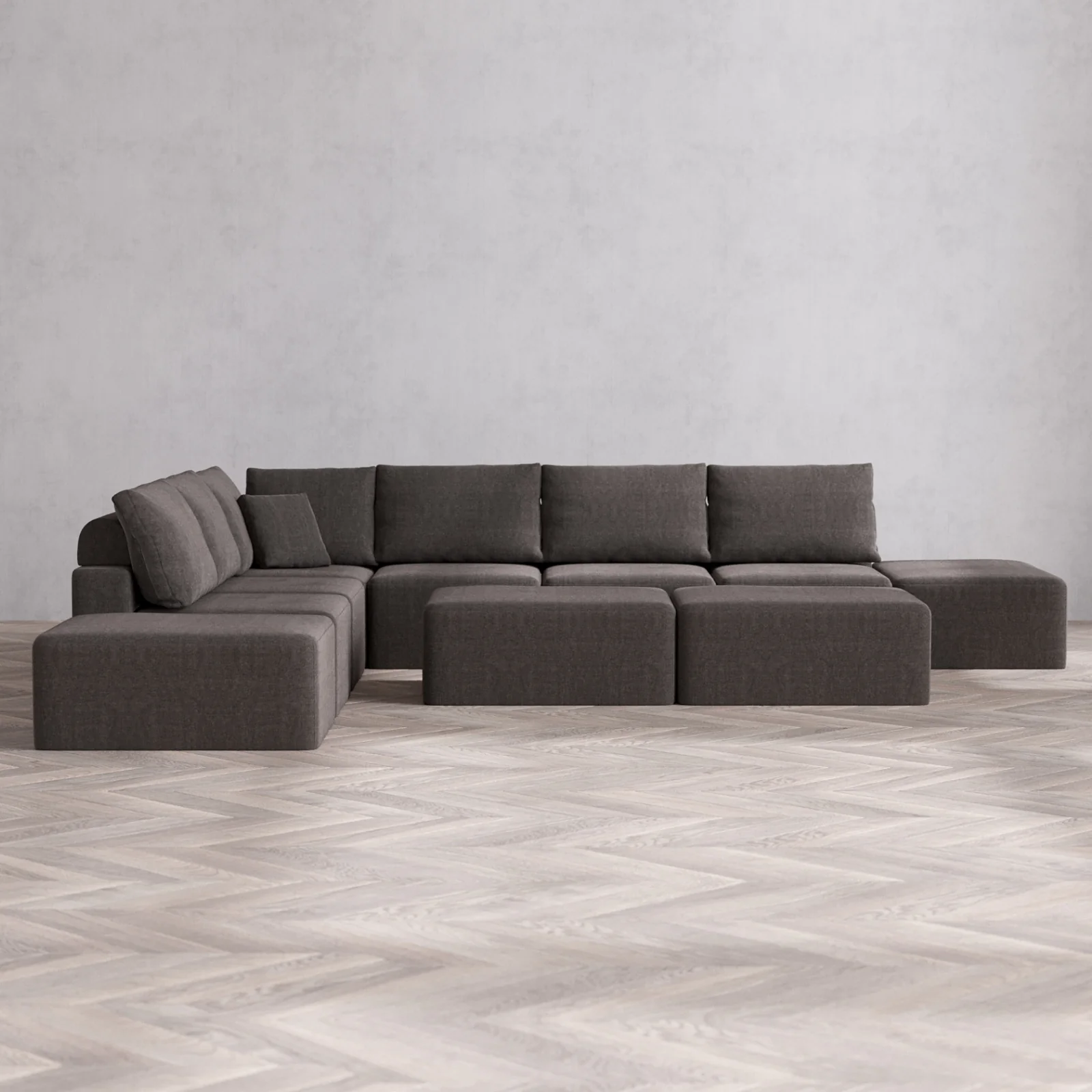 Modular Washable 8-Seater Open-Ends Corner Sectional + Chaise Ottoman Bench Cloud + Bolster Sofa | Heirloom Velvet in Truffle