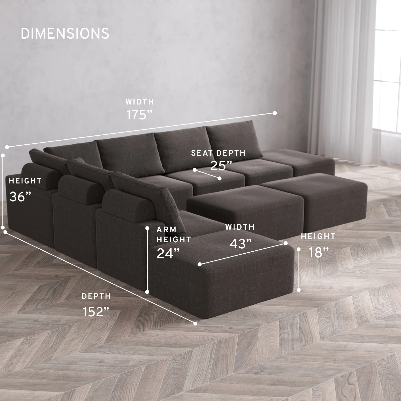 Modular Washable 8-Seater Open-Ends Corner Sectional + Chaise Ottoman Bench Cloud + Bolster Sofa | Heirloom Velvet in Truffle - Image 5