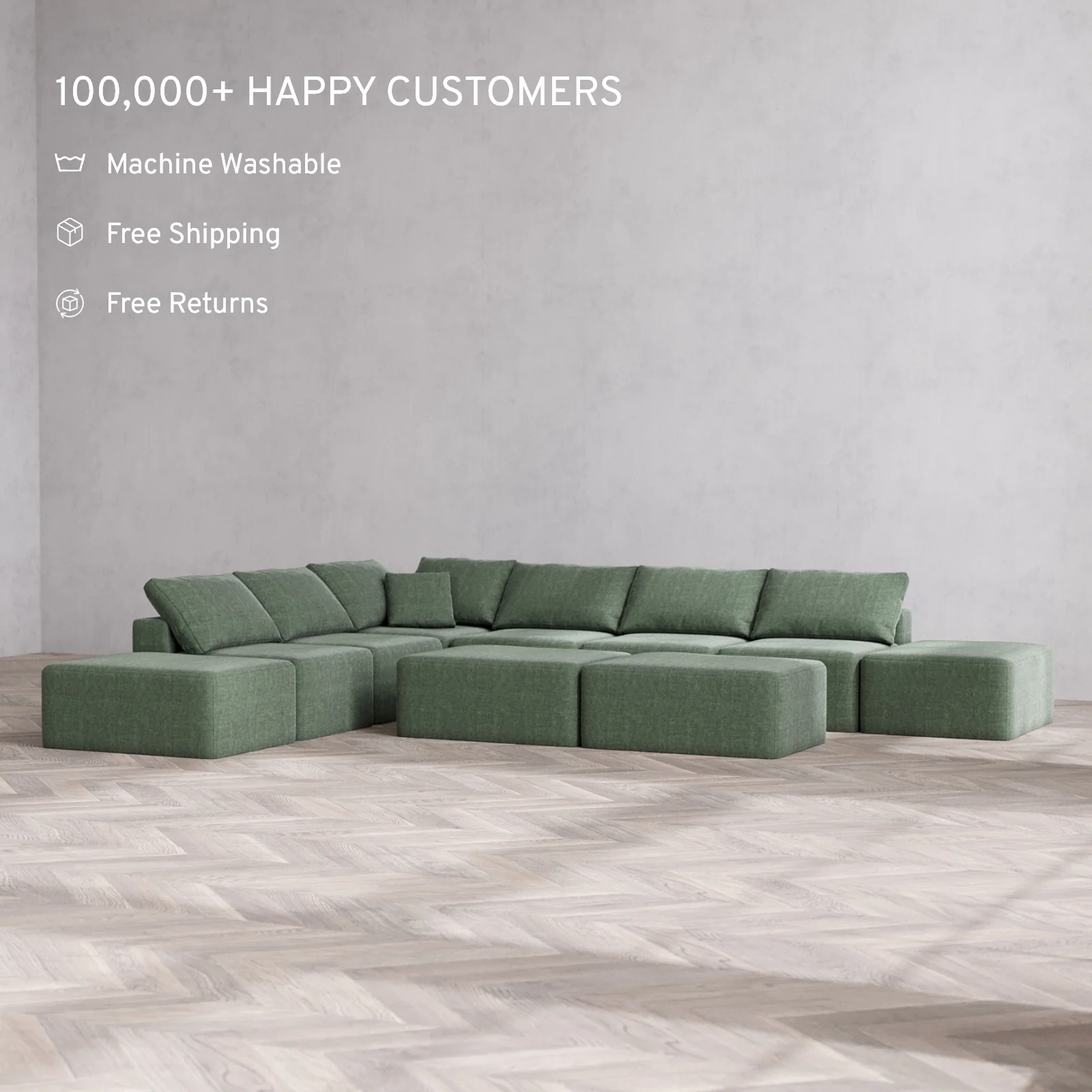 Modular Washable 8-Seater Open-Ends Corner Sectional + Chaise Ottoman Bench Cloud Sofa | Heirloom Velvet in Sage - Image 2