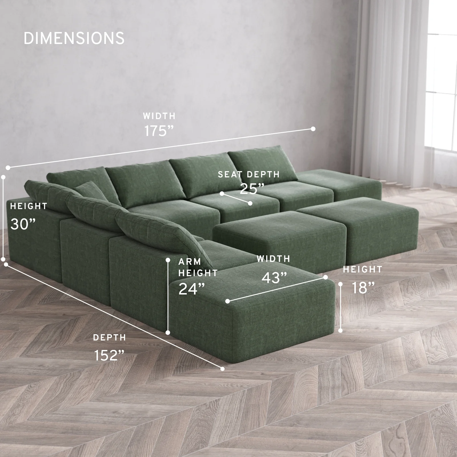 Modular Washable 8-Seater Open-Ends Corner Sectional + Chaise Ottoman Bench Cloud Sofa | Heirloom Velvet in Sage - Image 5