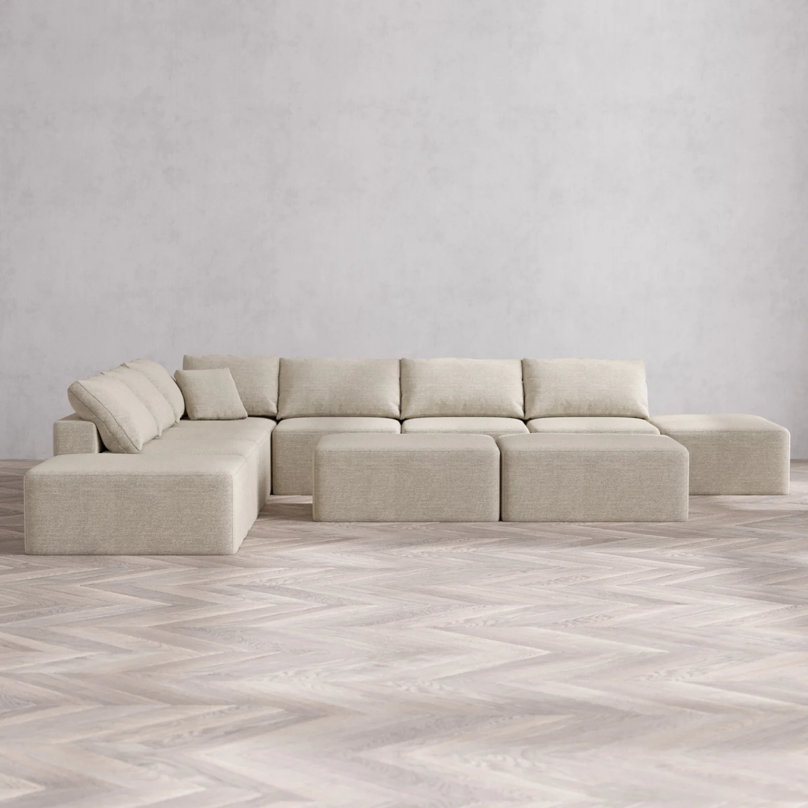 Modular Washable 8-Seater Open-Ends Corner Sectional + Chaise Ottoman Bench Cloud Sofa | Plush Twill in Sandstone