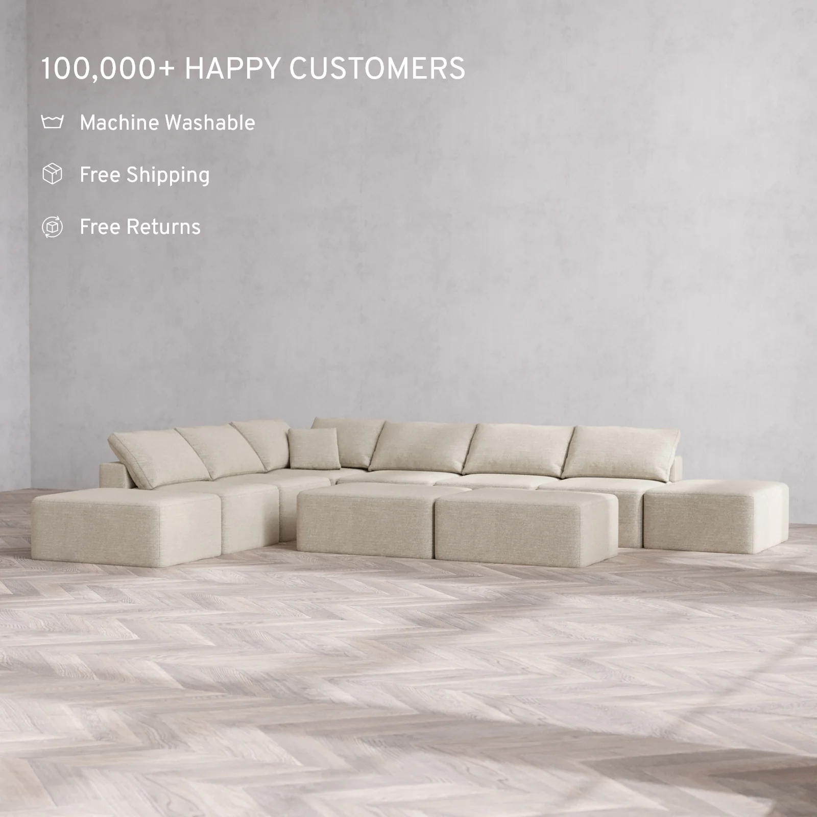 Modular Washable 8-Seater Open-Ends Corner Sectional + Chaise Ottoman Bench Cloud Sofa | Plush Twill in Sandstone - Image 2