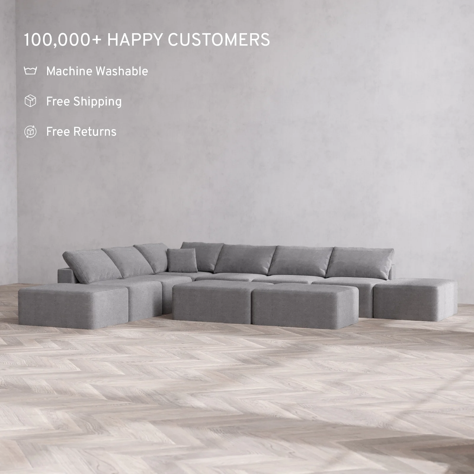 Modular Washable 8-Seater Open-Ends Corner Sectional + Chaise Ottoman Bench Cloud Sofa | Lux Weave in Slate - Image 2