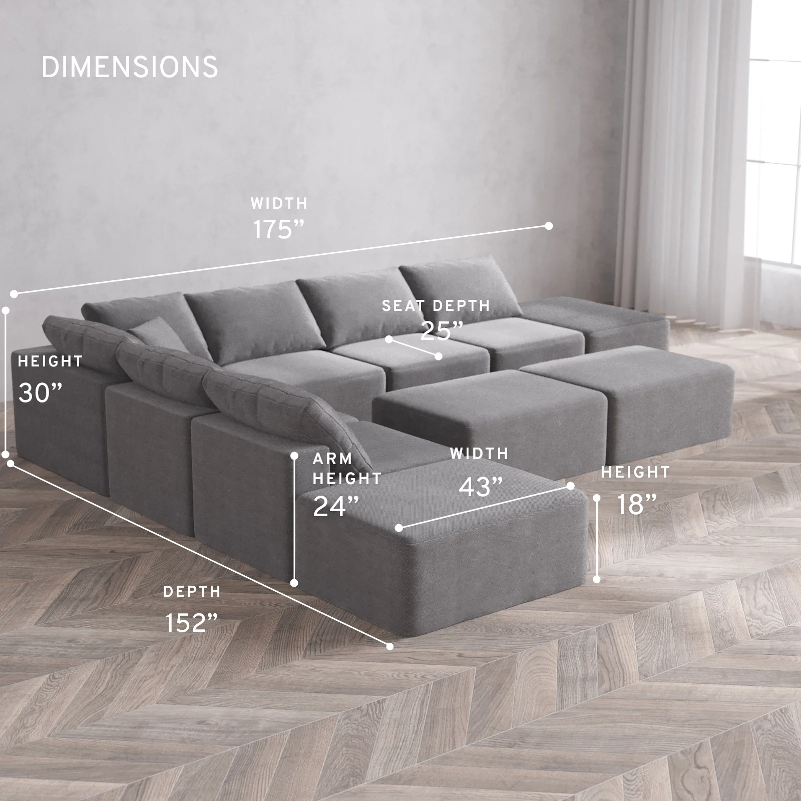 Modular Washable 8-Seater Open-Ends Corner Sectional + Chaise Ottoman Bench Cloud Sofa | Lux Weave in Slate - Image 5