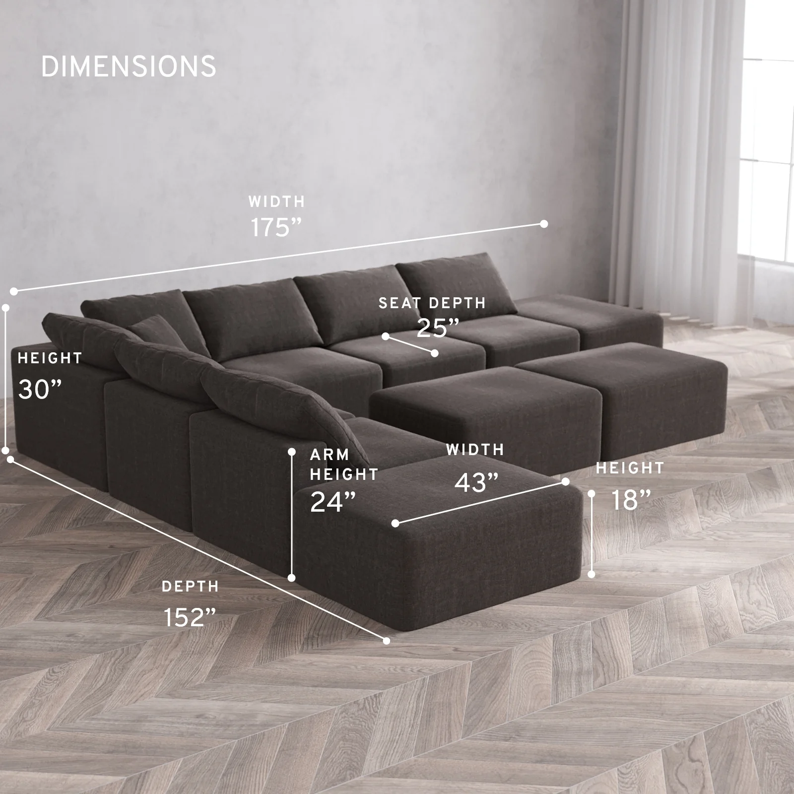 Modular Washable 8-Seater Open-Ends Corner Sectional + Chaise Ottoman Bench Cloud Sofa | Heirloom Velvet in Truffle - Image 5