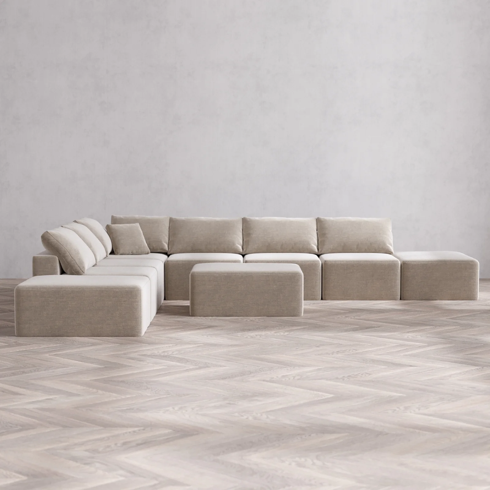 Modular Washable 8-Seater Open-Ends Corner Sectional + Chaise Ottoman Cloud Sofa | Satin Velvet in Caraway
