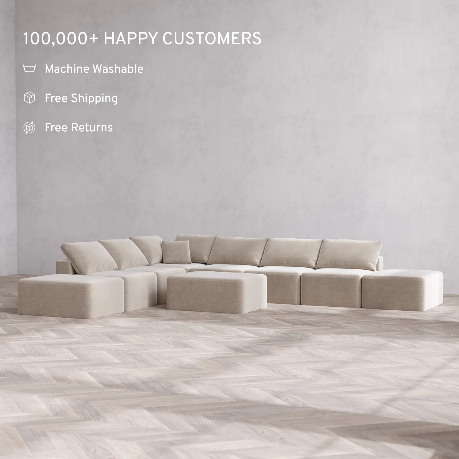 Modular Washable 8-Seater Open-Ends Corner Sectional + Chaise Ottoman Cloud Sofa | Satin Velvet in Caraway - Image 2
