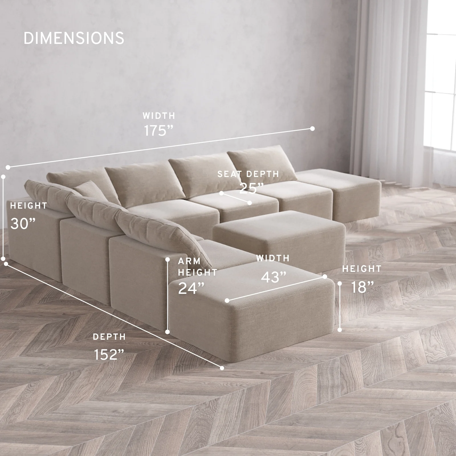 Modular Washable 8-Seater Open-Ends Corner Sectional + Chaise Ottoman Cloud Sofa | Satin Velvet in Caraway - Image 5