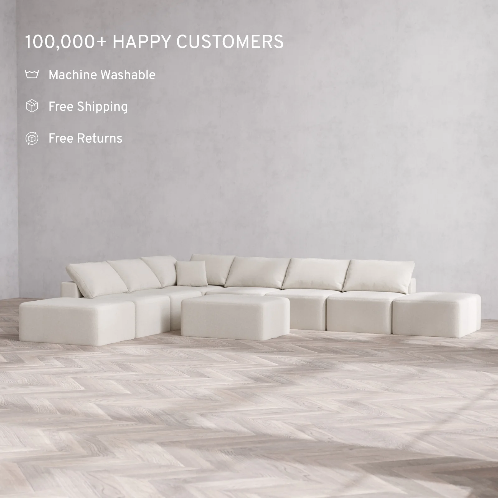 Modular Washable 8-Seater Open-Ends Corner Sectional + Chaise Ottoman Cloud Sofa | Lux Weave in Pearl - Image 2