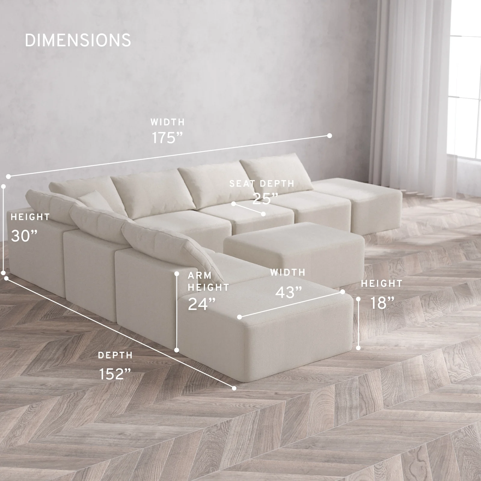 Modular Washable 8-Seater Open-Ends Corner Sectional + Chaise Ottoman Cloud Sofa | Lux Weave in Pearl - Image 5