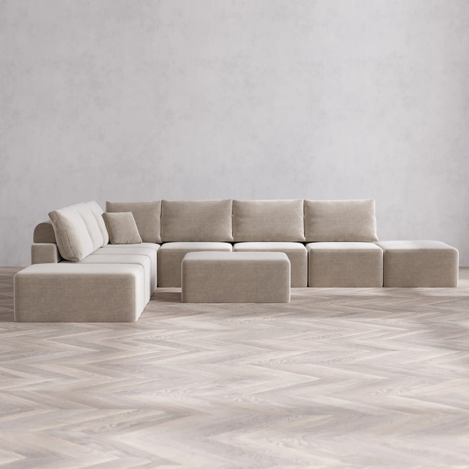 Modular Washable 8-Seater Open-Ends Corner Sectional + Chaise Ottoman Cloud + Bolster Sofa | Satin Velvet in Caraway