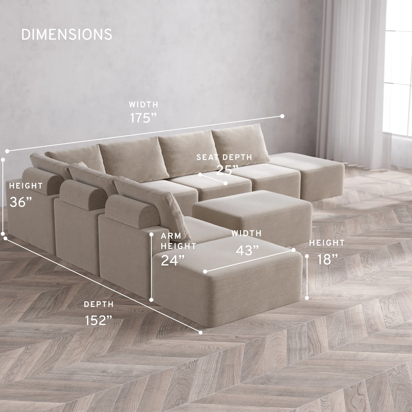 Modular Washable 8-Seater Open-Ends Corner Sectional + Chaise Ottoman Cloud + Bolster Sofa | Satin Velvet in Caraway - Image 5