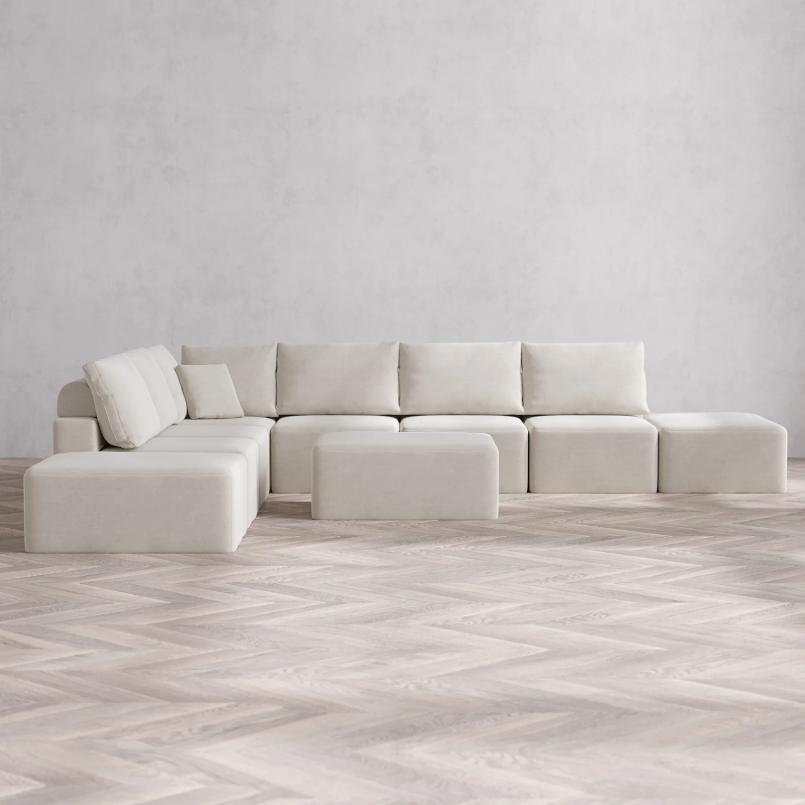 Modular Washable 8-Seater Open-Ends Corner Sectional + Chaise Ottoman Cloud + Bolster Sofa | Satin Velvet in Cashew