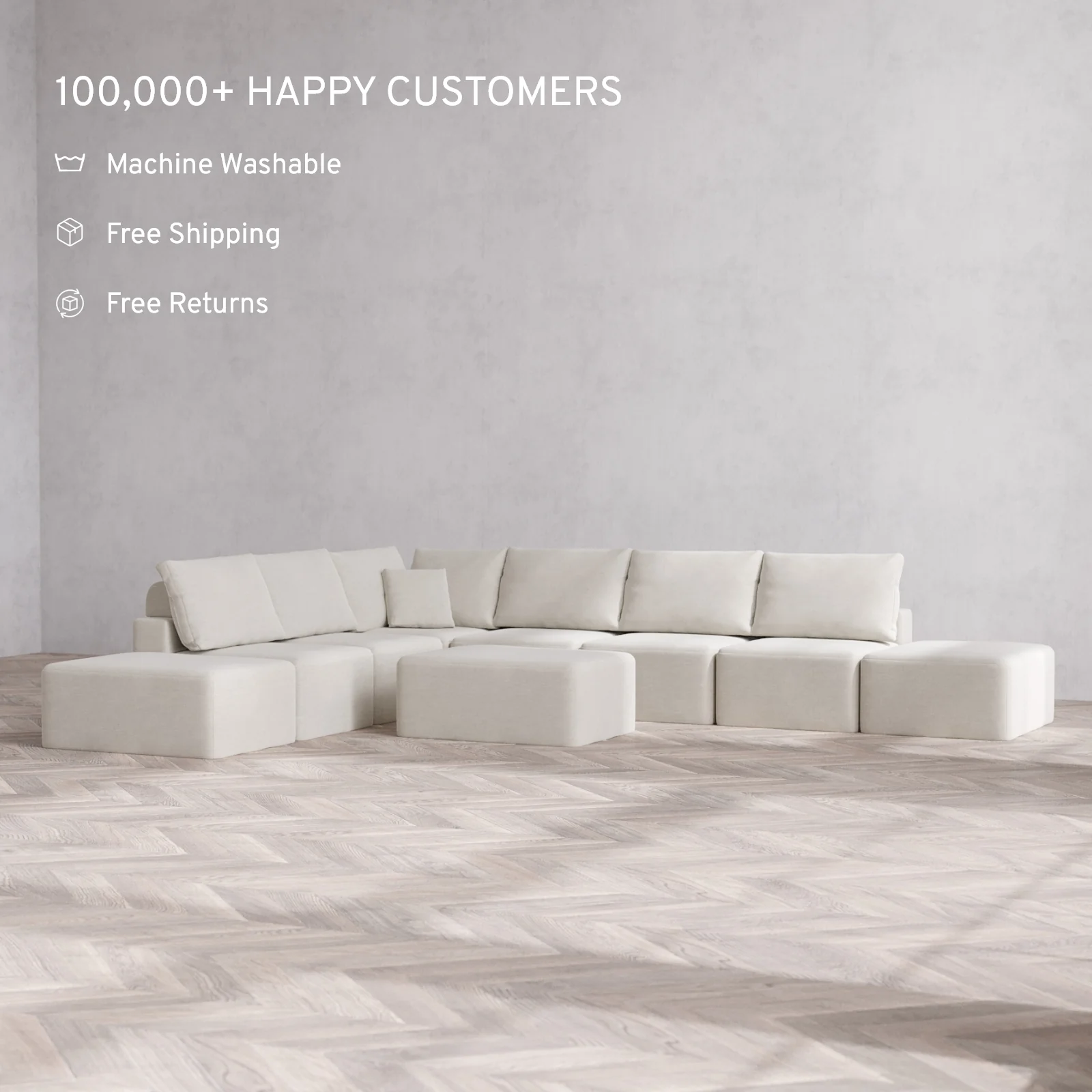 Modular Washable 8-Seater Open-Ends Corner Sectional + Chaise Ottoman Cloud + Bolster Sofa | Satin Velvet in Cashew - Image 2