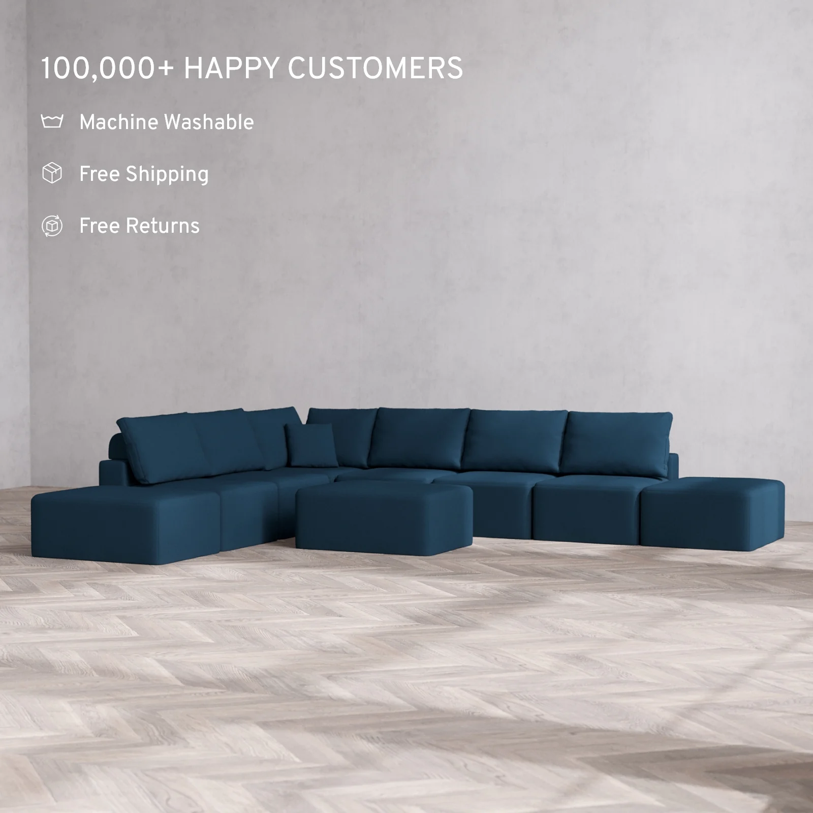 Modular Washable 8-Seater Open-Ends Corner Sectional + Chaise Ottoman Cloud + Bolster Sofa | Arden Weave in Lazuli - Image 2
