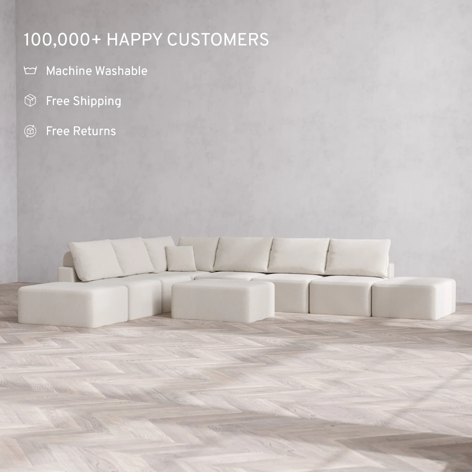 Modular Washable 8-Seater Open-Ends Corner Sectional + Chaise Ottoman Cloud + Bolster Sofa | Lux Weave in Pearl - Image 2