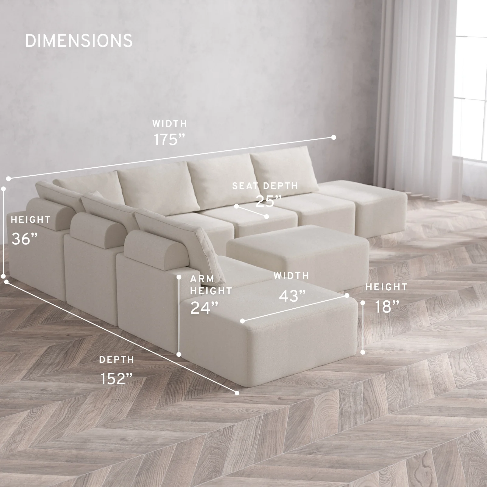 Modular Washable 8-Seater Open-Ends Corner Sectional + Chaise Ottoman Cloud + Bolster Sofa | Lux Weave in Pearl - Image 5