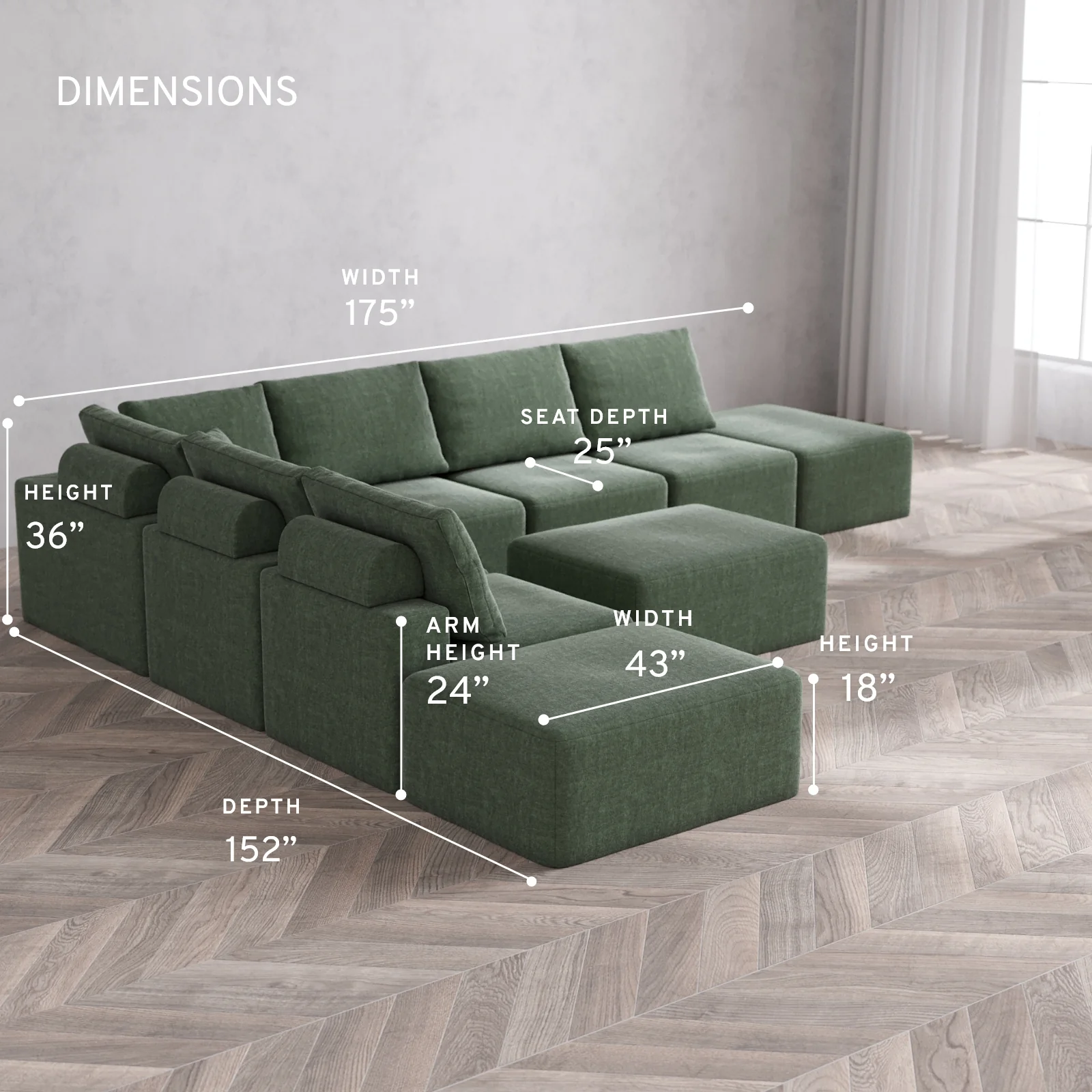 Modular Washable 8-Seater Open-Ends Corner Sectional + Chaise Ottoman Cloud + Bolster Sofa | Heirloom Velvet in Sage - Image 5