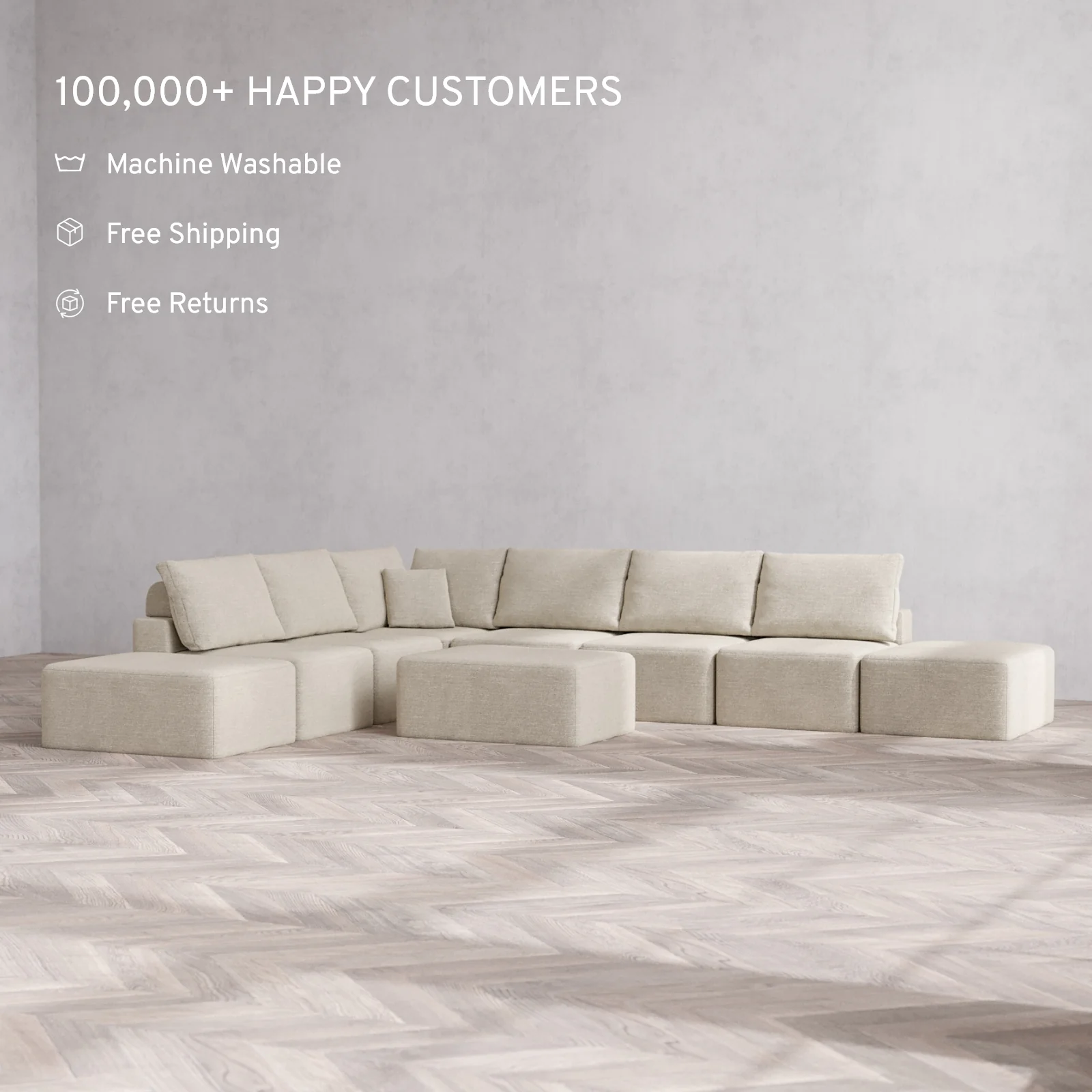 Modular Washable 8-Seater Open-Ends Corner Sectional + Chaise Ottoman Cloud + Bolster Sofa | Plush Twill in Sandstone - Image 2
