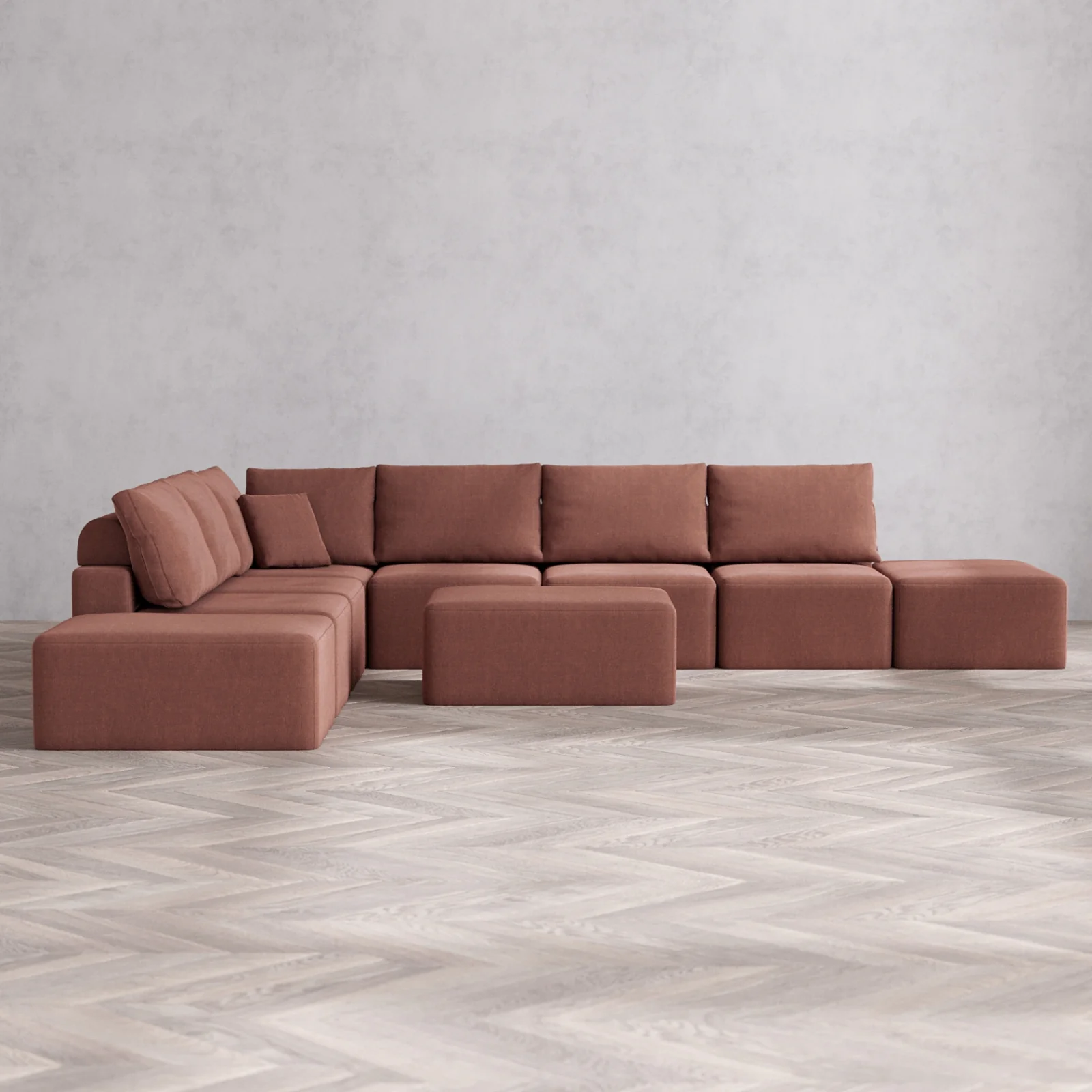 Modular Washable 8-Seater Open-Ends Corner Sectional + Chaise Ottoman Cloud + Bolster Sofa | Heirloom Velvet in Sumac