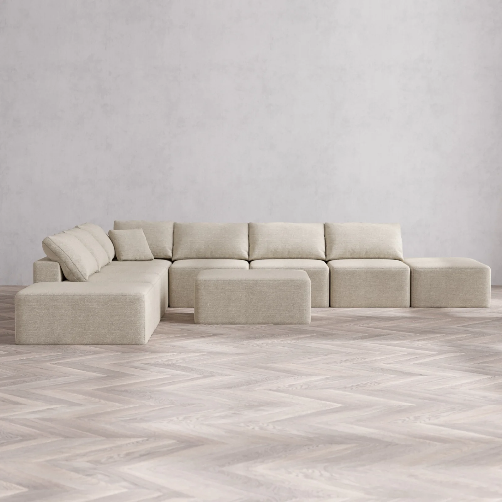 Modular Washable 8-Seater Open-Ends Corner Sectional + Chaise Ottoman Cloud Sofa | Plush Twill in Sandstone