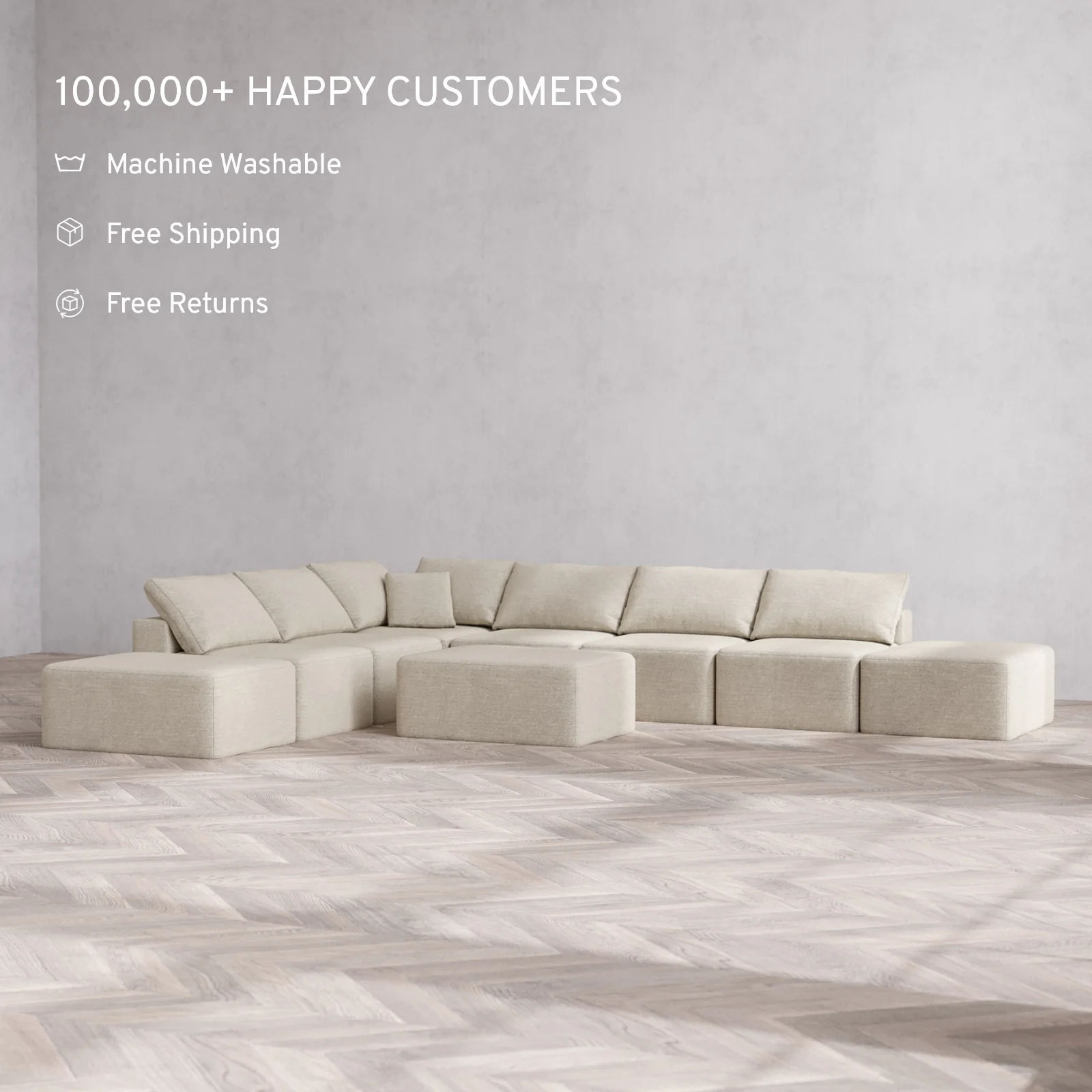 Modular Washable 8-Seater Open-Ends Corner Sectional + Chaise Ottoman Cloud Sofa | Plush Twill in Sandstone - Image 2
