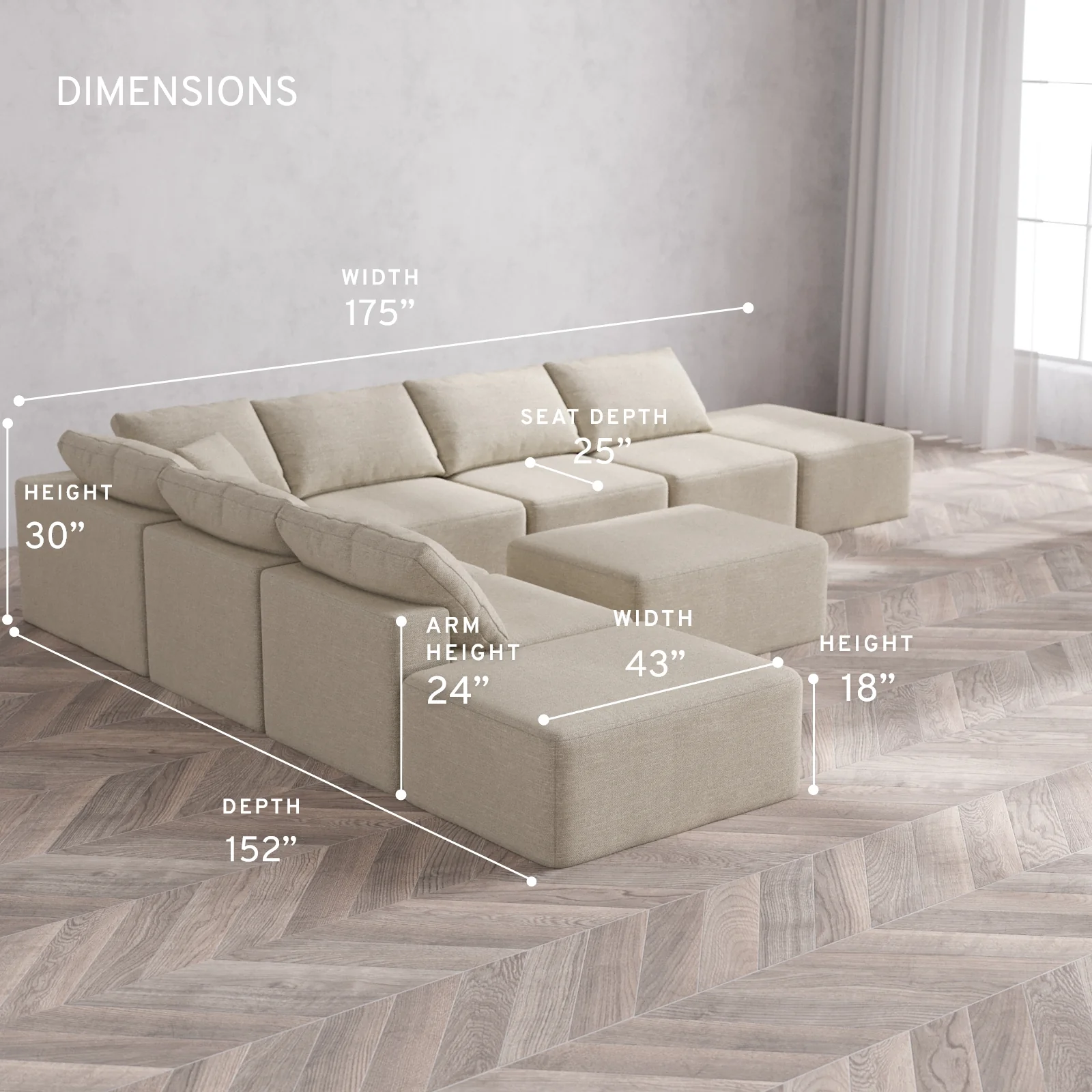 Modular Washable 8-Seater Open-Ends Corner Sectional + Chaise Ottoman Cloud Sofa | Plush Twill in Sandstone - Image 5