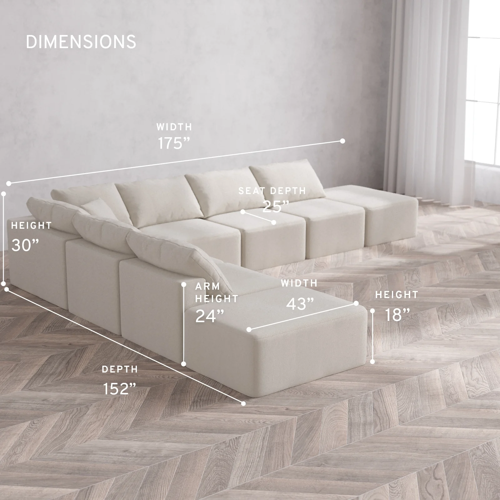 Modular Washable 8-Seater Open-Ends Corner Sectional Cloud Sofa | Lux Weave in Pearl - Image 5