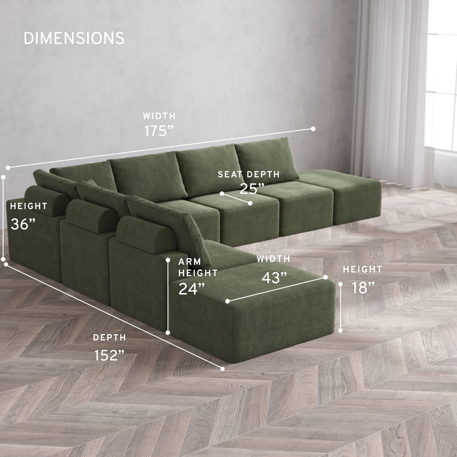 Modular Washable 8-Seater Open-Ends Corner Sectional Cloud + Bolster Sofa | Luxe Corduroy in Juniper - Image 5