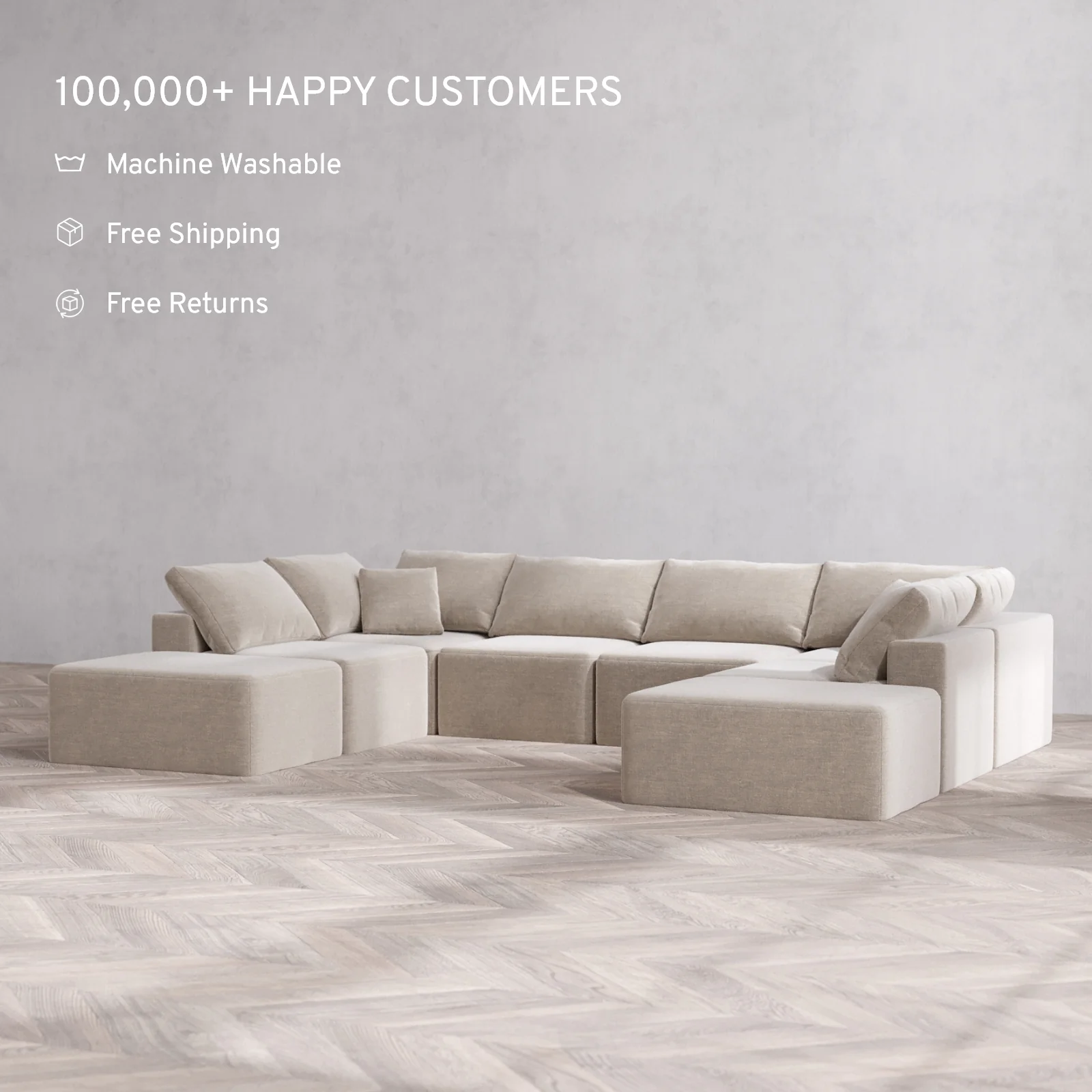 Modular Washable 8-Seater Open-Ends U Sectional Cloud Sofa | Satin Velvet in Caraway - Image 2