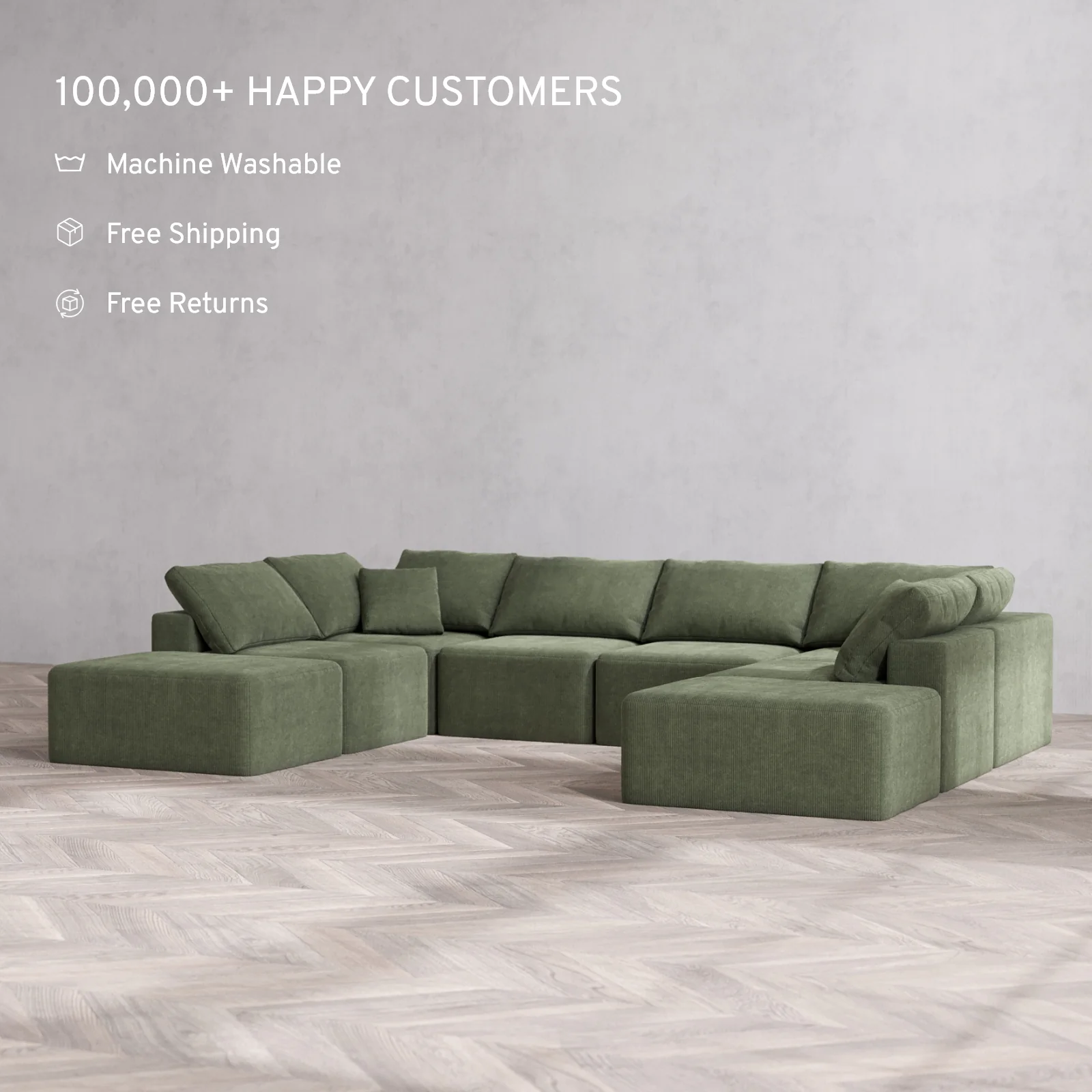 Modular Washable 8-Seater Open-Ends U Sectional Cloud Sofa | Luxe Corduroy in Juniper - Image 2
