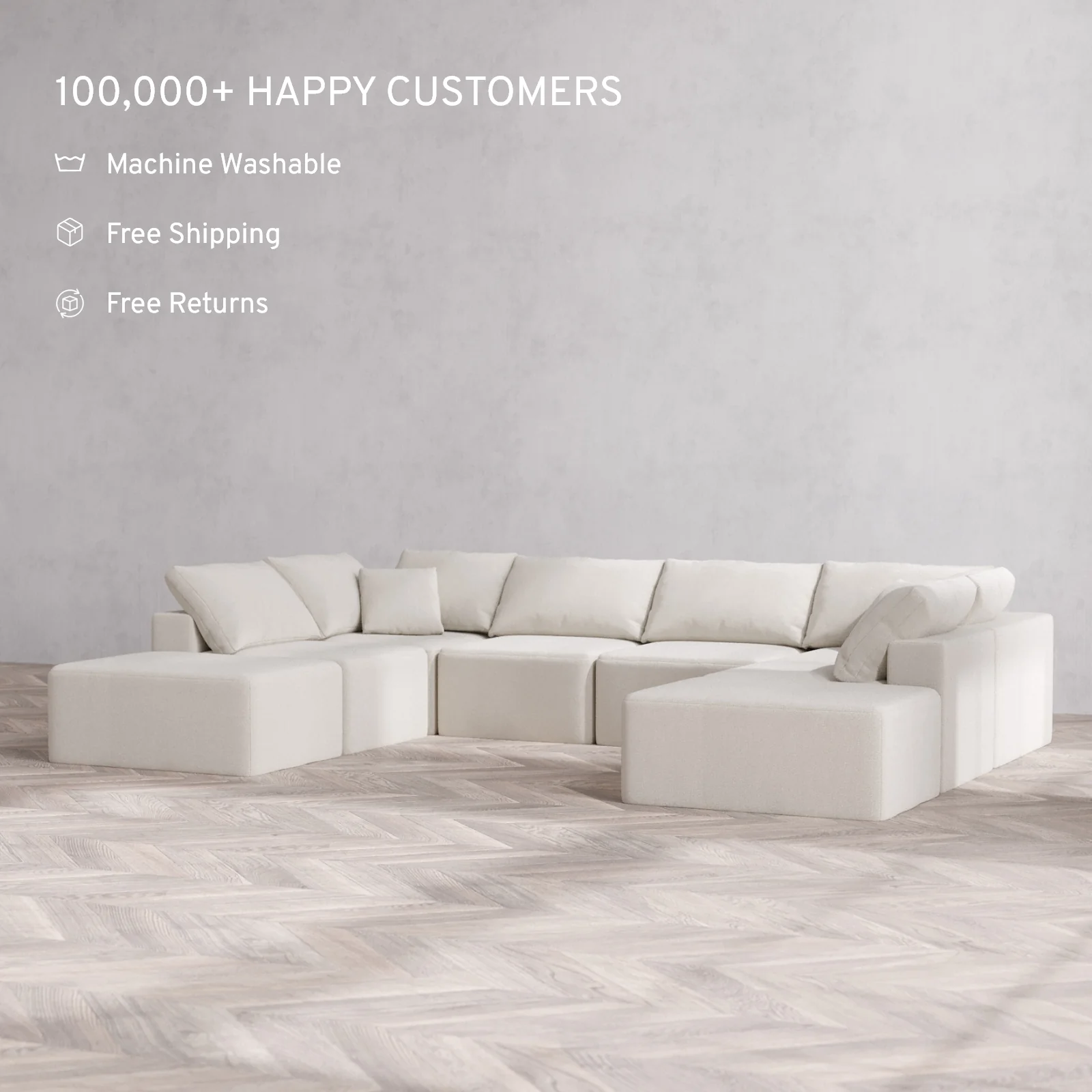 Modular Washable 8-Seater Open-Ends U Sectional Cloud Sofa | Lux Weave in Pearl - Image 2