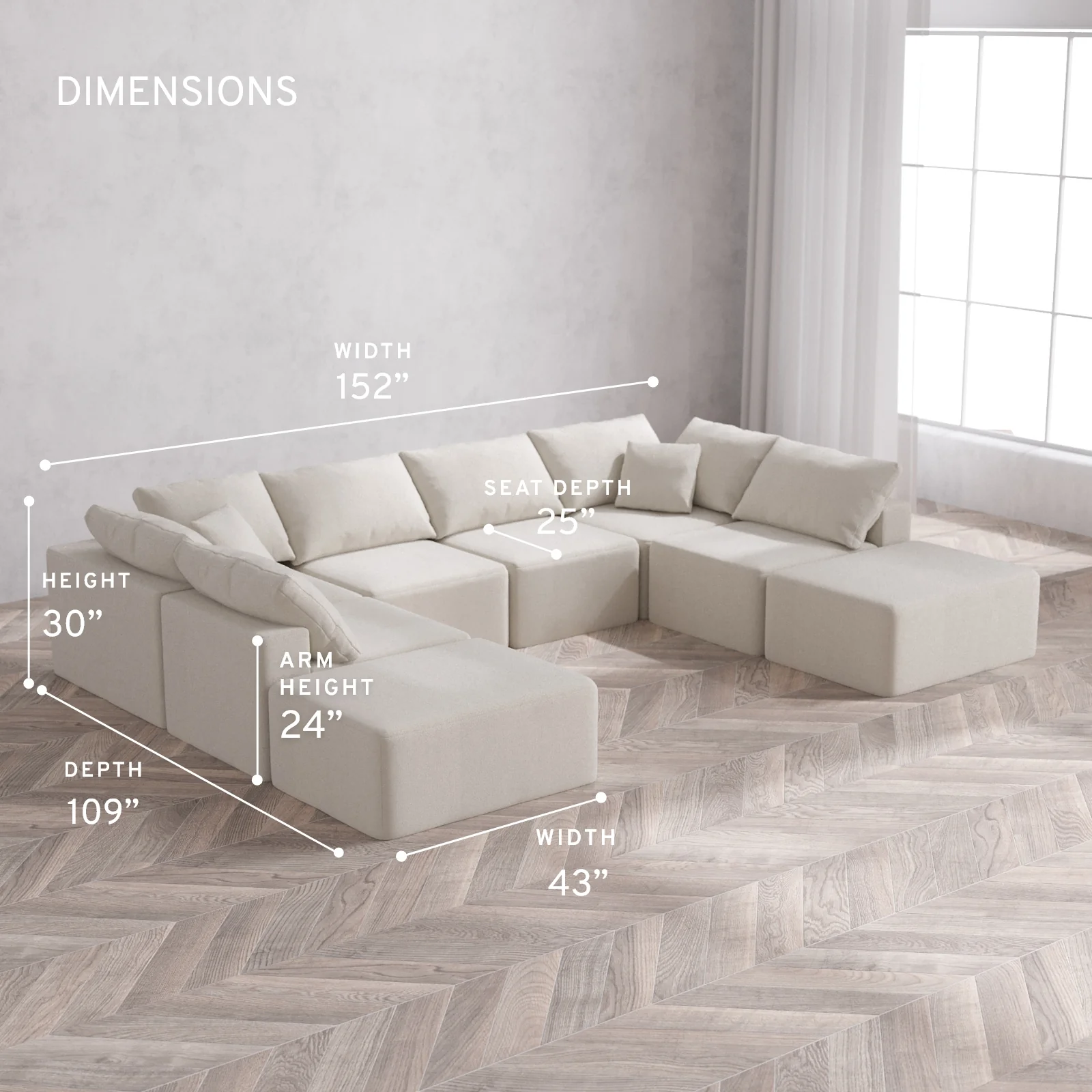 Modular Washable 8-Seater Open-Ends U Sectional Cloud Sofa | Lux Weave in Pearl - Image 5