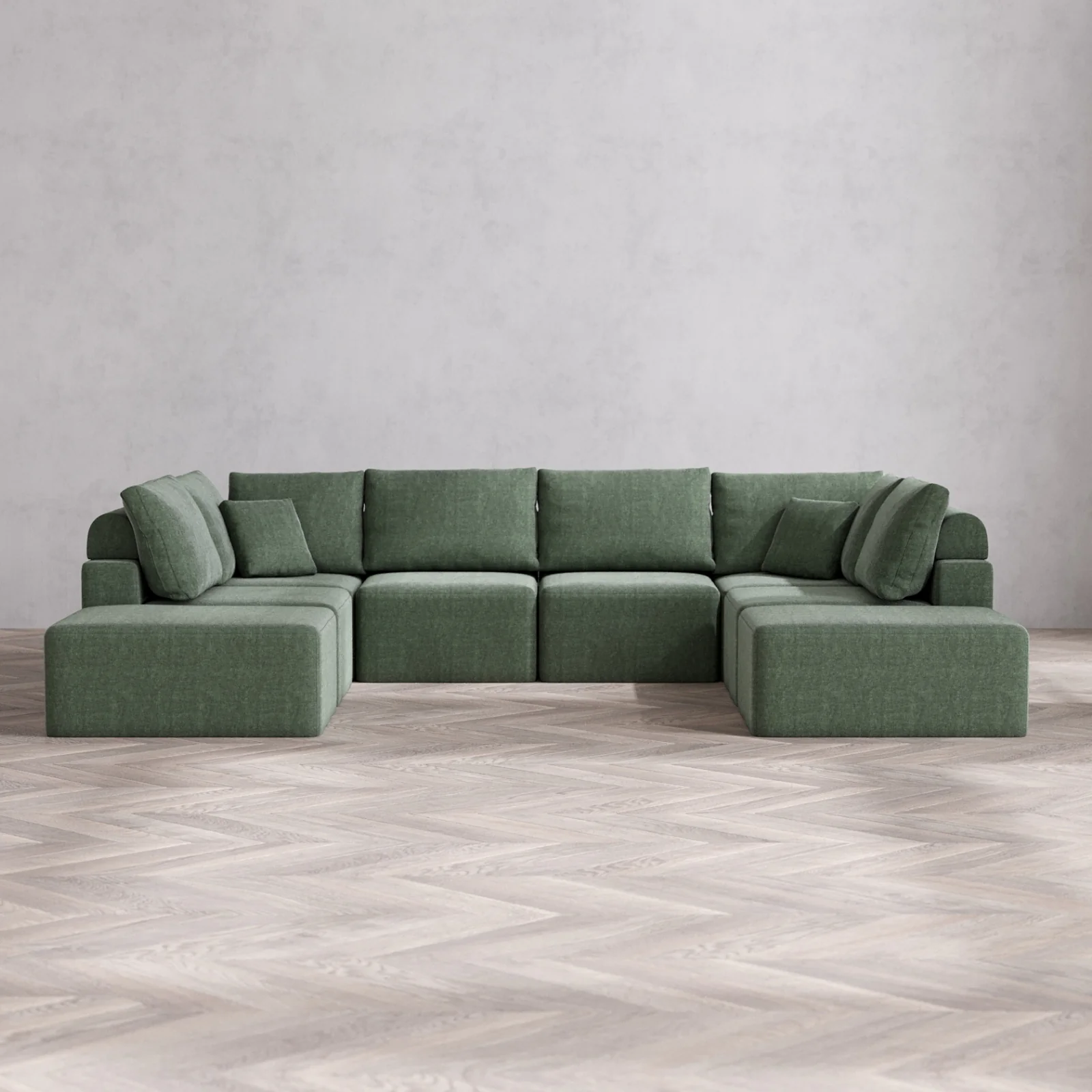 Modular Washable 8-Seater Open-Ends U Sectional Cloud + Bolster Sofa | Heirloom Velvet in Sage