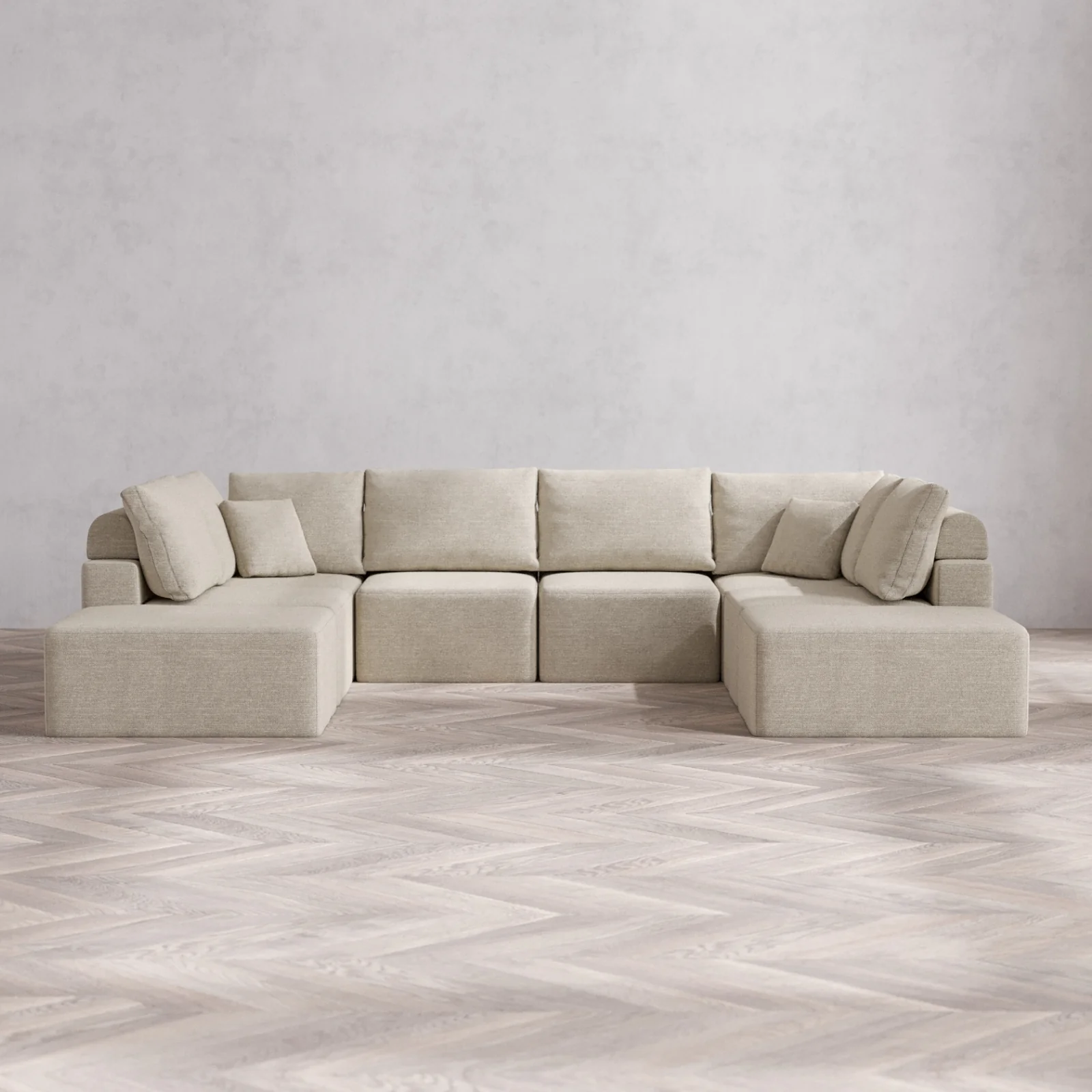 Modular Washable 8-Seater Open-Ends U Sectional Cloud + Bolster Sofa | Plush Twill in Sandstone