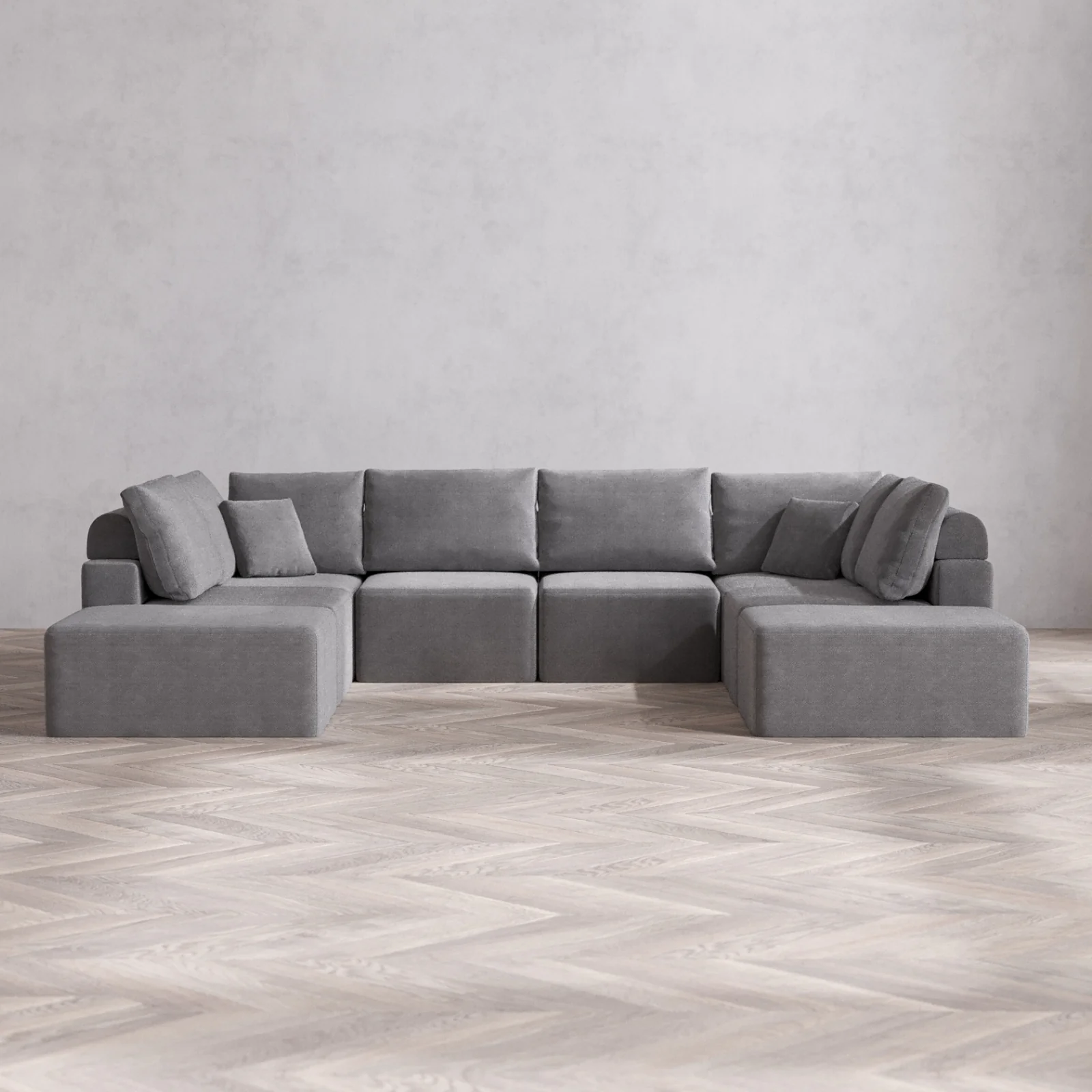 Modular Washable 8-Seater Open-Ends U Sectional Cloud + Bolster Sofa | Lux Weave in Slate