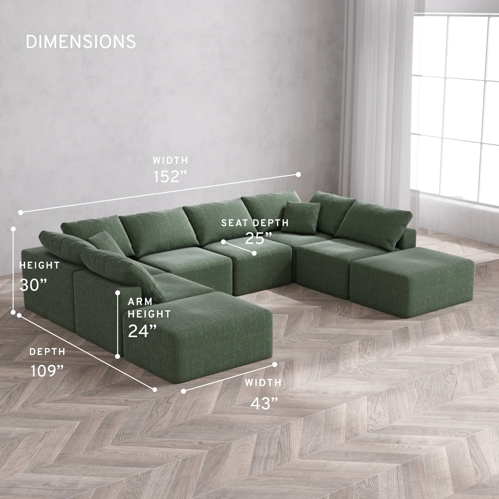 Modular Washable 8-Seater Open-Ends U Sectional Cloud Sofa | Heirloom Velvet in Sage - Image 5