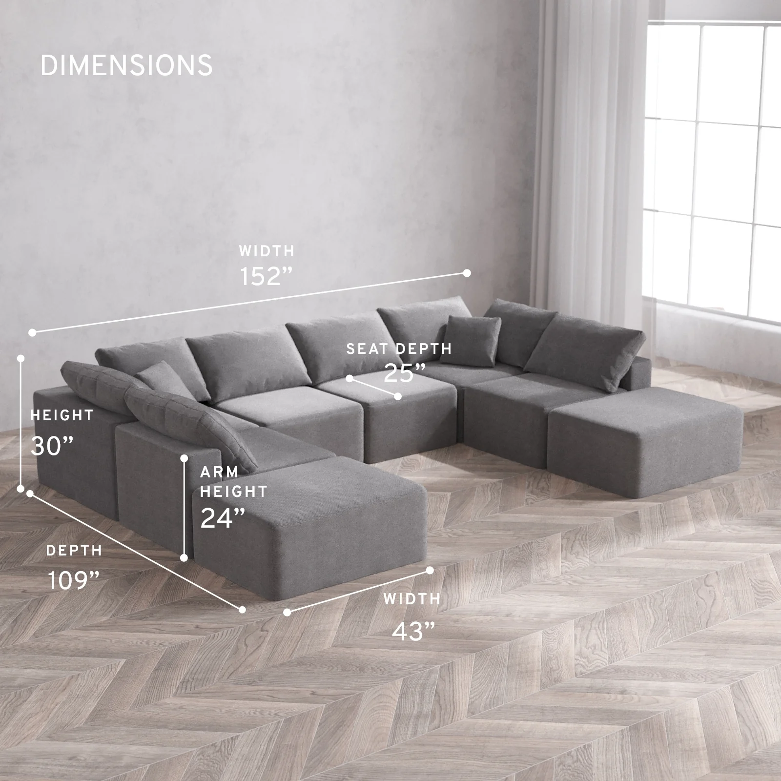 Modular Washable 8-Seater Open-Ends U Sectional Cloud Sofa | Lux Weave in Slate - Image 5