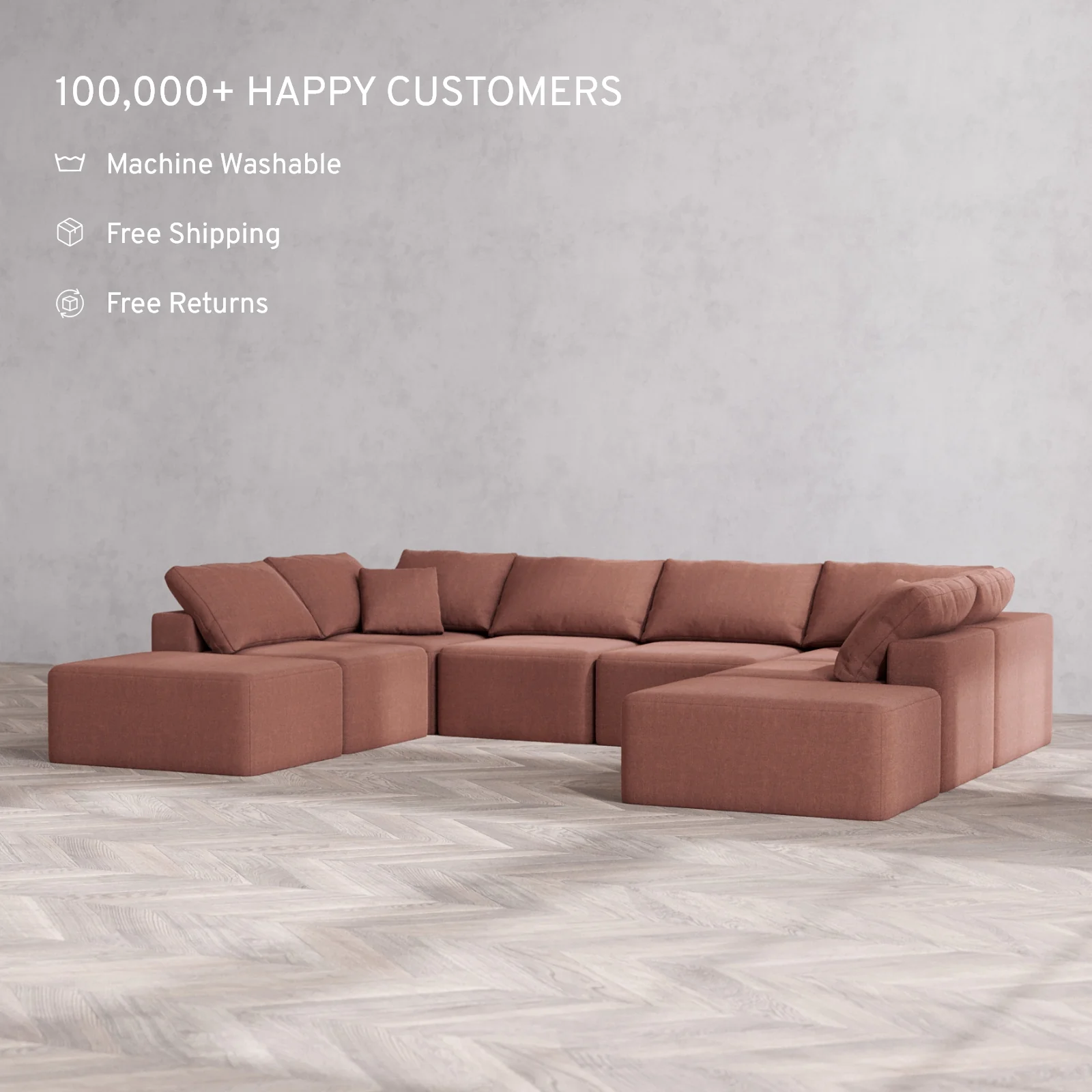 Modular Washable 8-Seater Open-Ends U Sectional Cloud Sofa | Heirloom Velvet in Sumac - Image 2