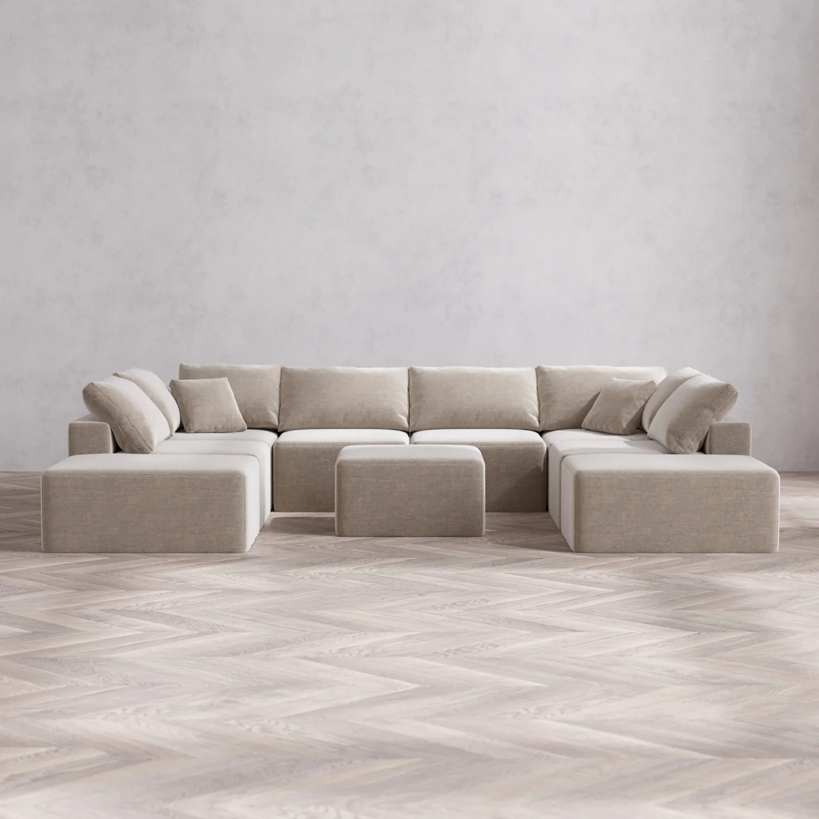 Modular Washable 8-Seater Open-Ends U Sectional + Ottoman Cloud Sofa | Satin Velvet in Caraway