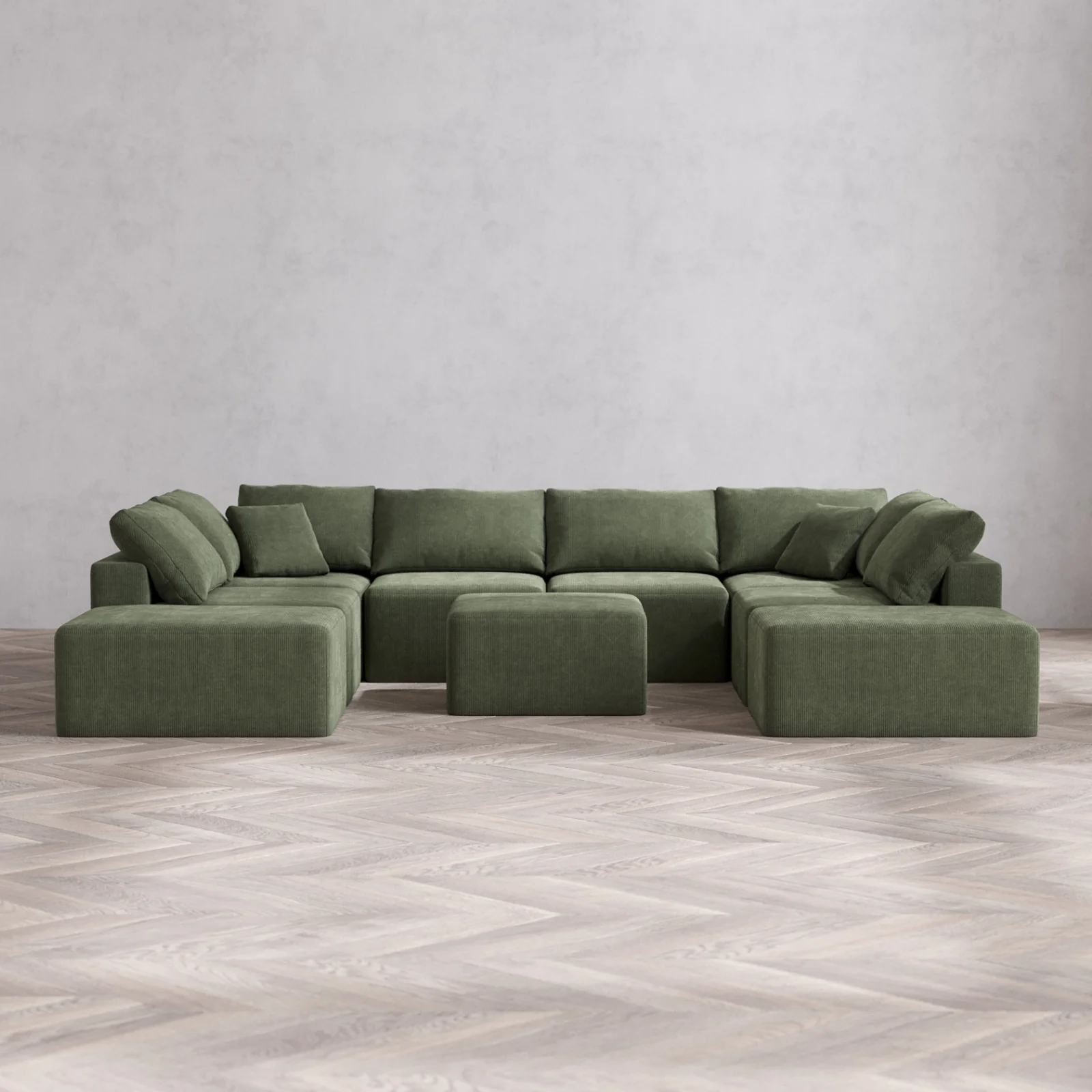 Modular Washable 8-Seater Open-Ends U Sectional + Ottoman Cloud Sofa | Luxe Corduroy in Juniper