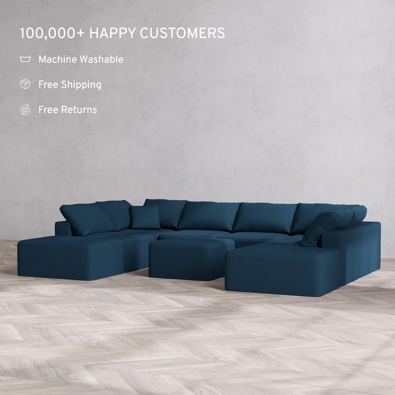 Modular Washable 8-Seater Open-Ends U Sectional + Ottoman Cloud Sofa | Arden Weave in Lazuli - Image 2