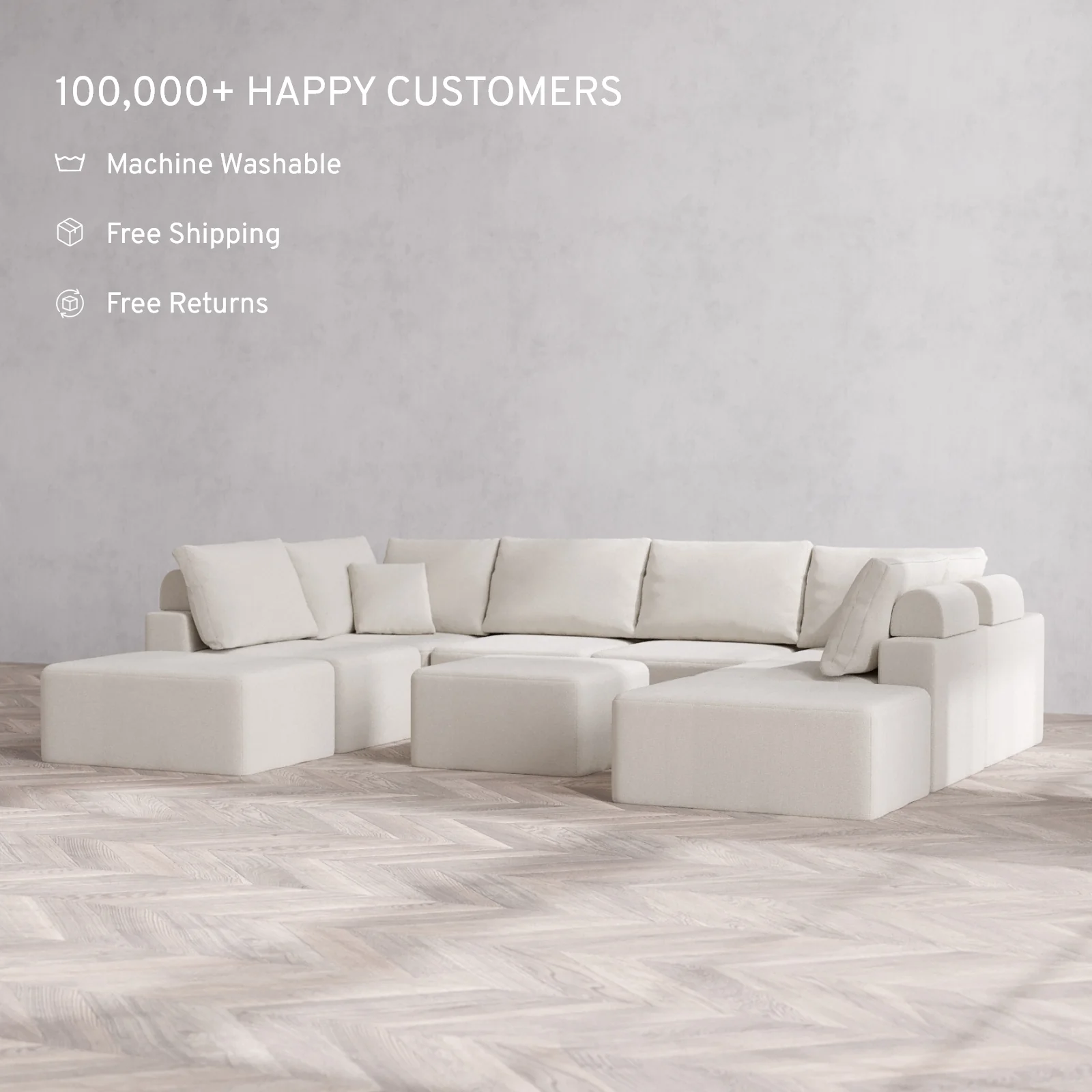 Modular Washable 8-Seater Open-Ends U Sectional + Ottoman Cloud + Bolster Sofa | Lux Weave in Pearl - Image 2