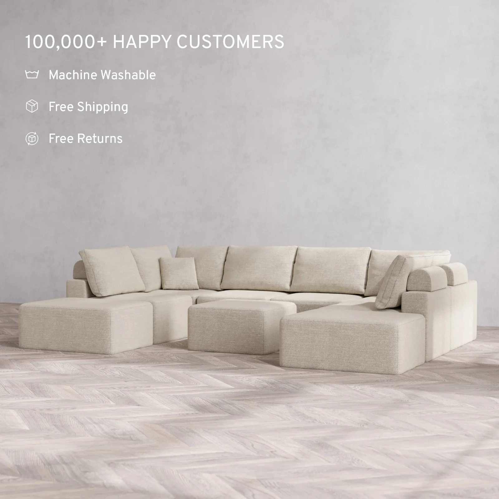 Modular Washable 8-Seater Open-Ends U Sectional + Ottoman Cloud + Bolster Sofa | Plush Twill in Sandstone - Image 2