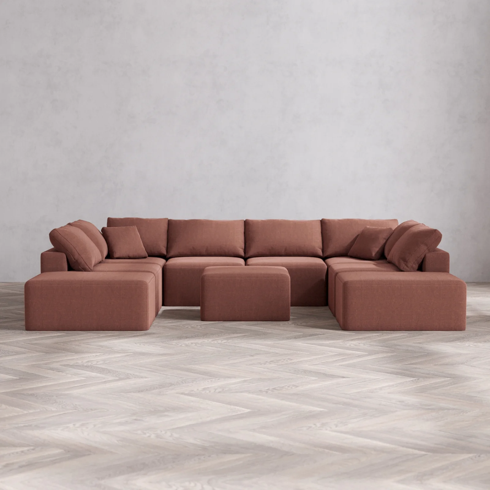 Modular Washable 8-Seater Open-Ends U Sectional + Ottoman Cloud Sofa | Heirloom Velvet in Sumac