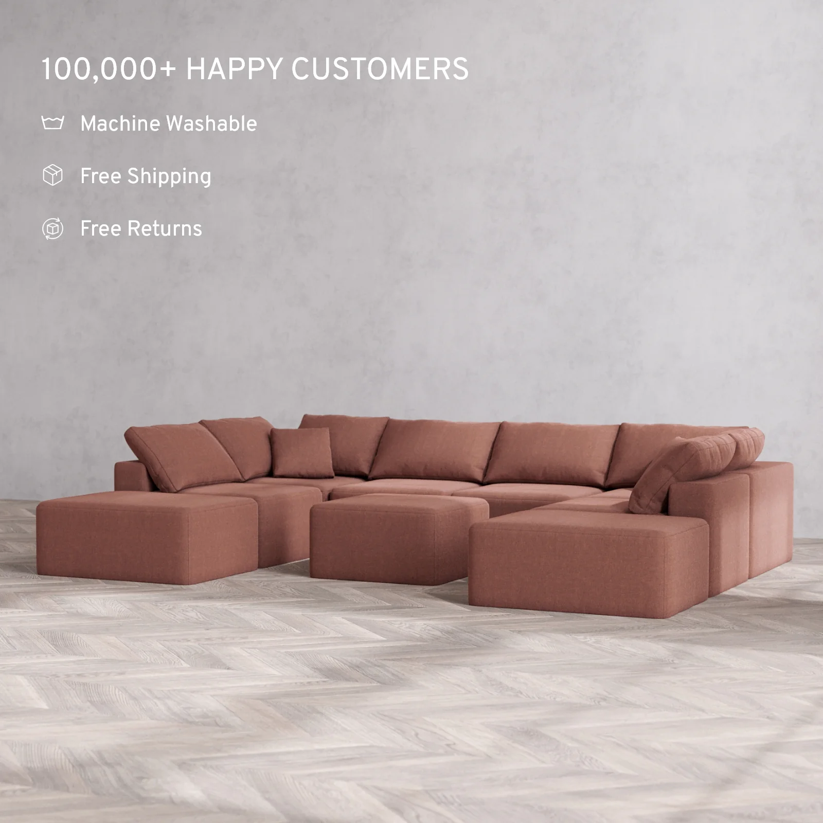 Modular Washable 8-Seater Open-Ends U Sectional + Ottoman Cloud Sofa | Heirloom Velvet in Sumac - Image 2