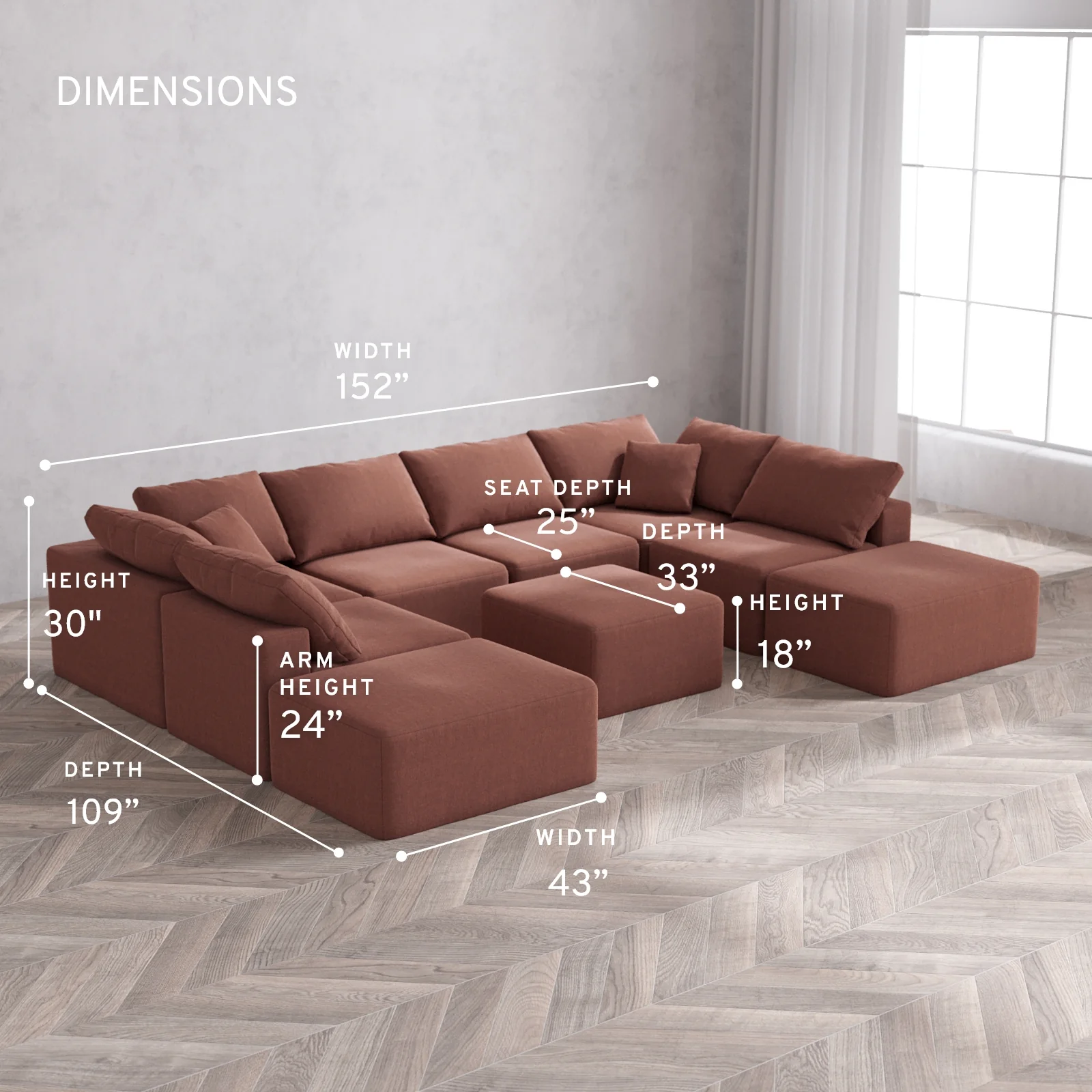 Modular Washable 8-Seater Open-Ends U Sectional + Ottoman Cloud Sofa | Heirloom Velvet in Sumac - Image 5