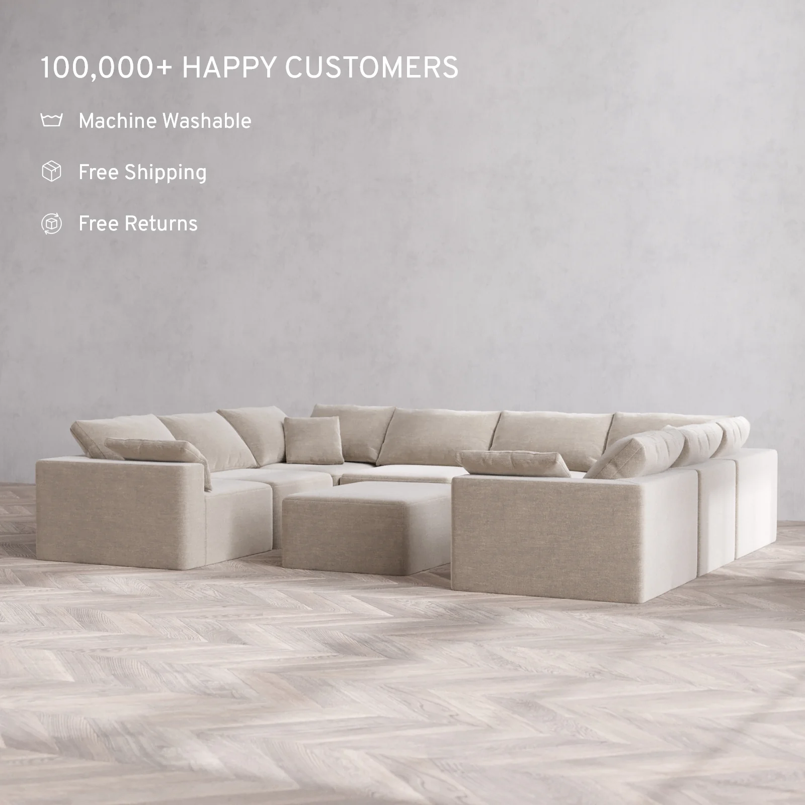 Modular Washable 8-Seater U Sectional + Chaise Ottoman Cloud Sofa | Satin Velvet in Caraway - Image 2