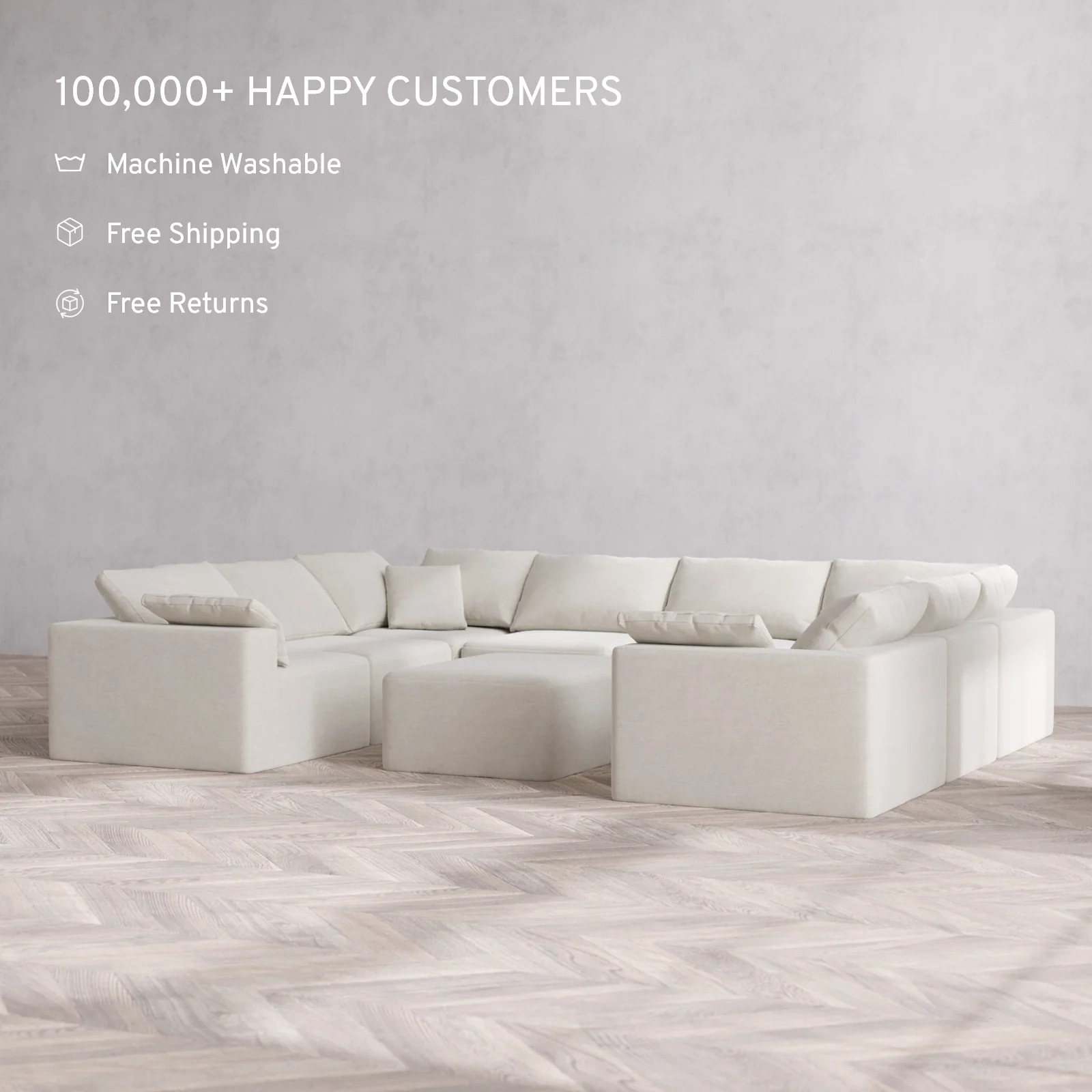 Modular Washable 8-Seater U Sectional + Chaise Ottoman Cloud Sofa | Satin Velvet in Cashew - Image 2